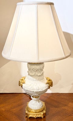 Pair Antique French Gold Bronze Mounted Bisque Porcelain Lamps, Circa 1880-1890.