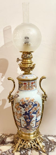 Pair Antique 19th Century French Gold Bronze Mounted Imari Porcelain Oil Lamps.