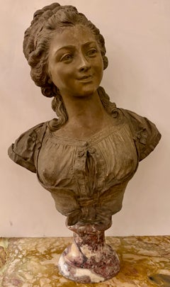 Antique 19th Century French Terracotta Bust on Breche Marble Plinth.