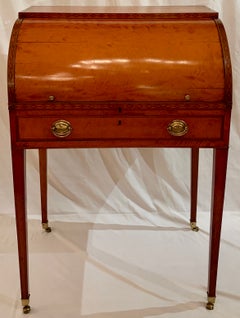 Antique 19th Century English Victorian Satinwood Roll-Top Desk, Fitted Interior.