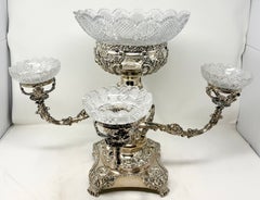 Antique English Sheffield Silver Epergne with Cut Crystal Bowls, Circa 1850-1870