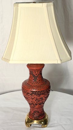 Pair of Antique Chinese Carved Cinnabar Lamps, Circa 1880-1910