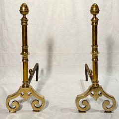 Pair of Antique English Victorian Brass Andirons, Circa 1880.