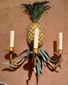 Pair Antique French Bronze and Tole Pineapple Sconces, Circa 1930's.