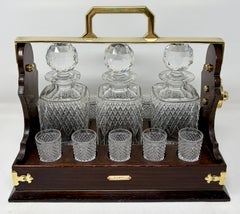 Antique English Gold-Plate Mounted Mahogany and Cut Crystal Tantalus, Circa 1900