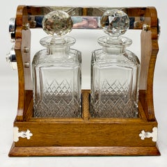Antique English Silver-Plate Mounted Golden Oak and Crystal Tantalus, Circa 1900