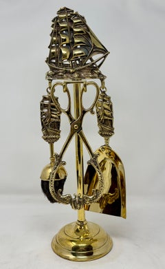 Antique English Nautical Brass Fire Tools on Stand with Sailing Ship, Circa 1880