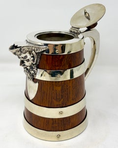 Antique English Silver-Plate Mounted Golden Oak Tankard, Circa 1890.