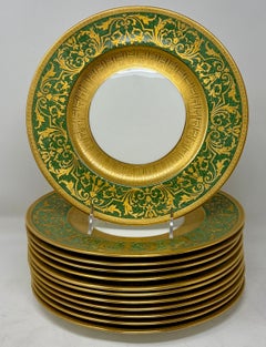 Set of 12 Antique English Dinner Service Plates in Green and Goldwork Circa 1890