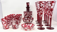 Set of 19 Antique Ruby Glass Cut to Clear Flutes, Glasses and Carafe, Circa 1900
