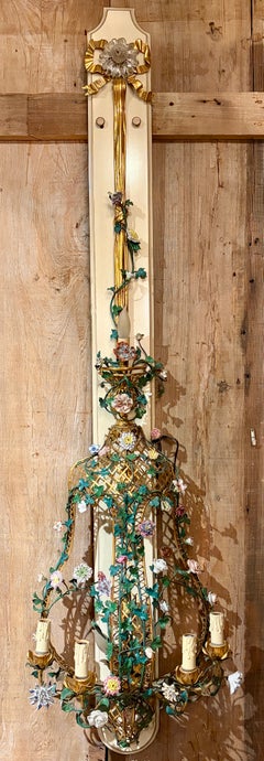 Pair Antique French Bronze D'oré & Dresden Porcelain Flower Wall Sconces.