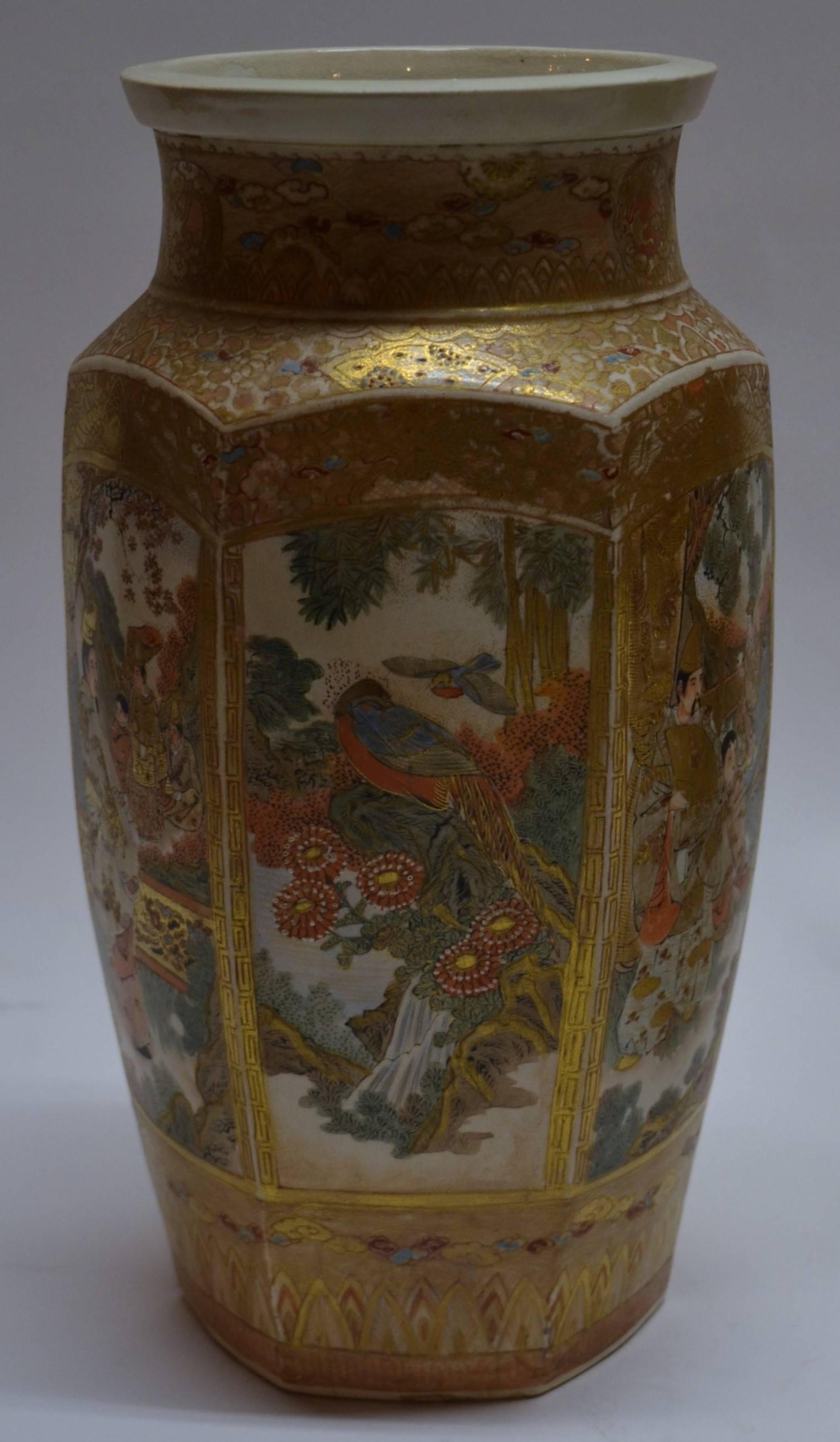 Pair of antique Japanese gold and multicolored satsuma porcelain vases, circa 1880-1890.