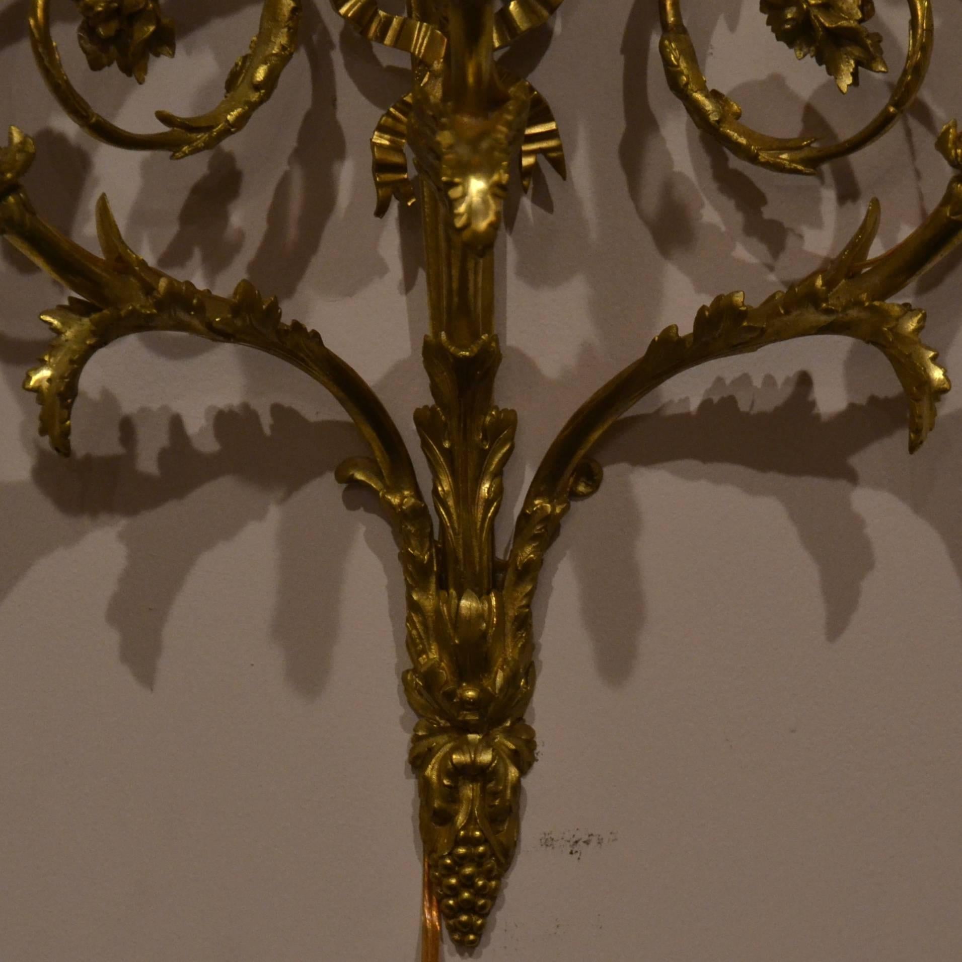 These sconces are fine examples of the Louis XVI style. They have been rewired.