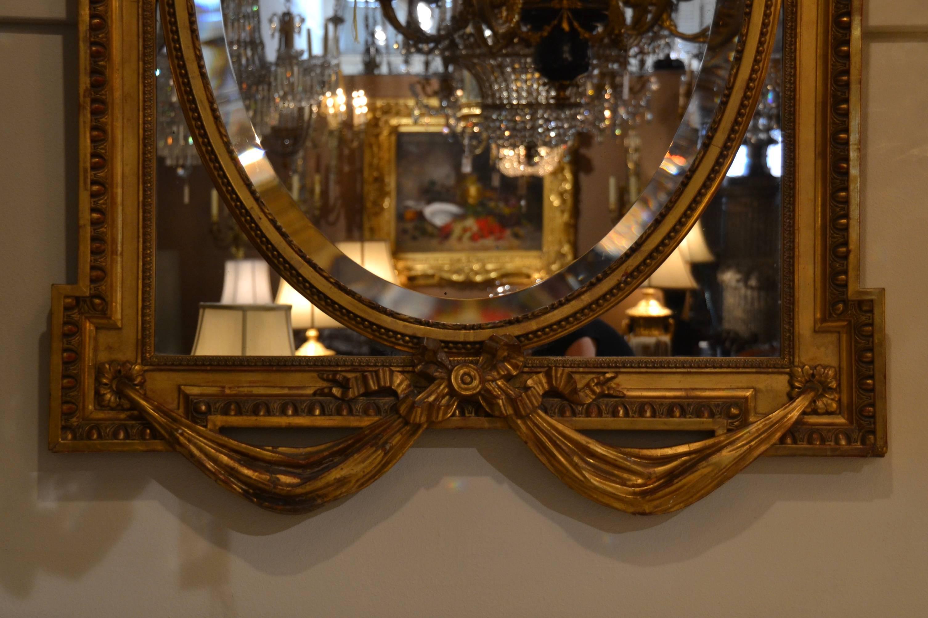 Antique French Louis XVI Gold Paneled Wood Mirror with Deep Beveling, circa 1860 In Excellent Condition For Sale In New Orleans, LA
