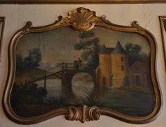 Antique French Wood Trumeau Mirror with Multi-Color Landscape Scene