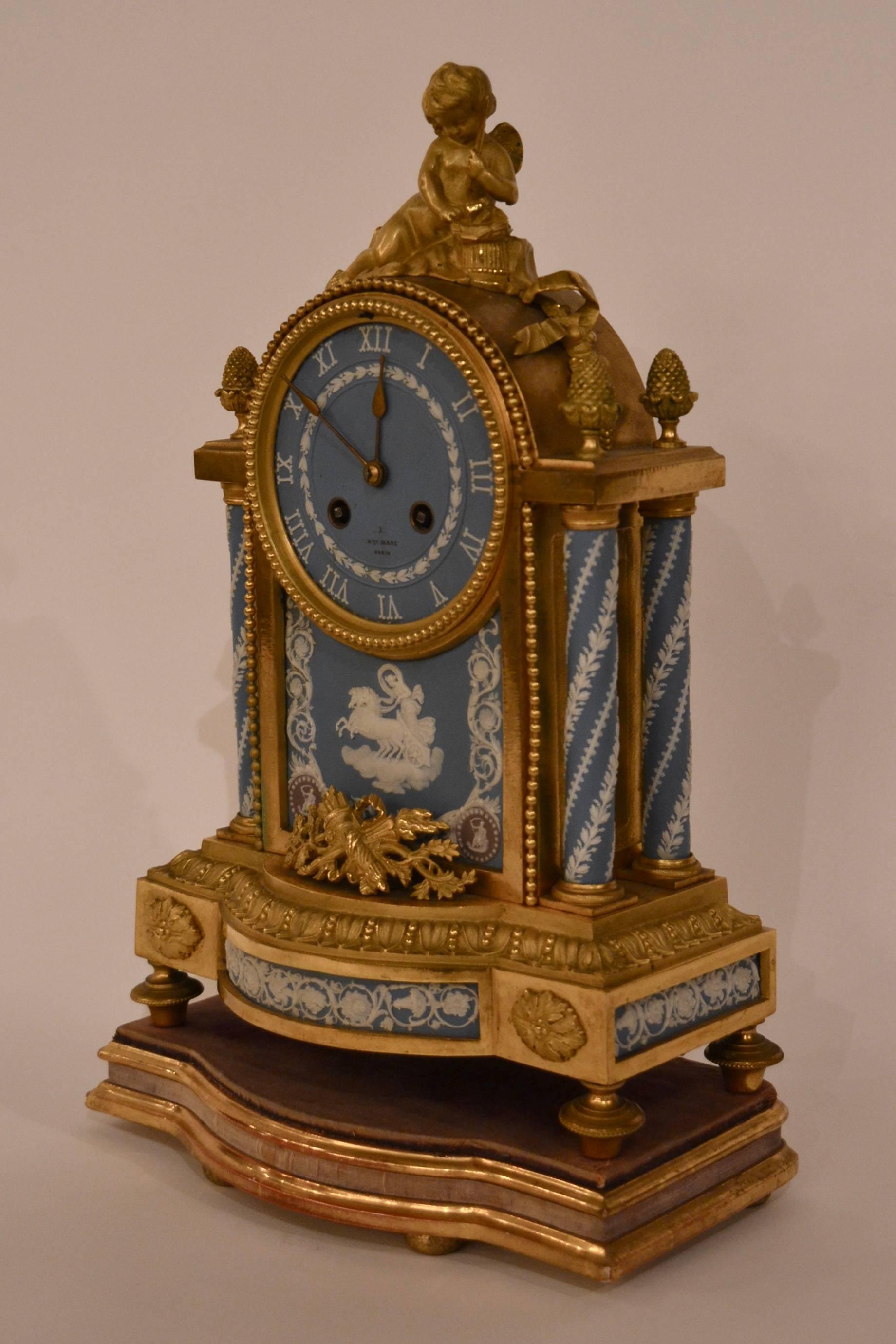 Rare three colors antique Wedgwood clock with ormolu mount.