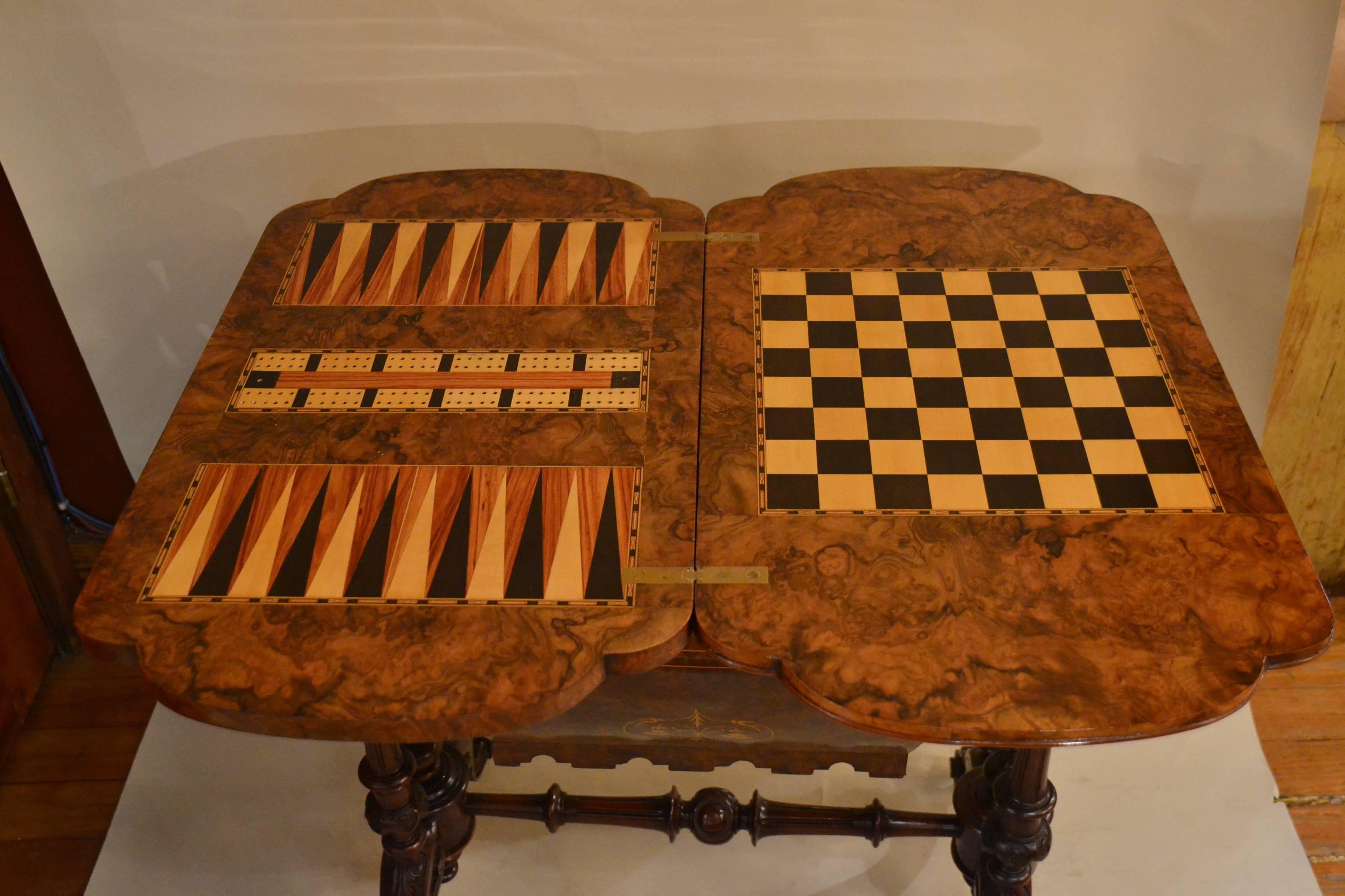 Antique English Burled Walnut Games Table 2