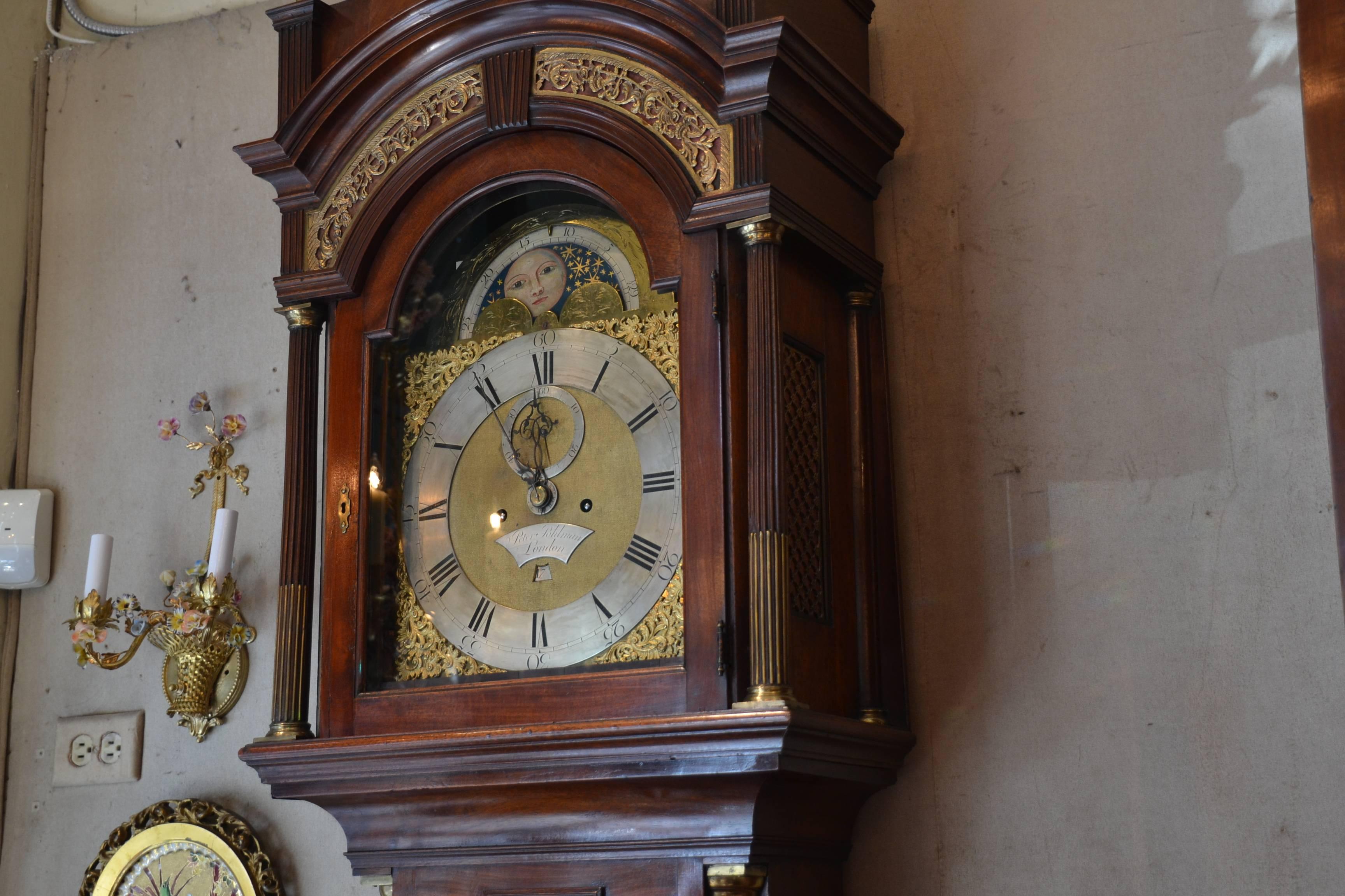Antique English George III Flame Mahogany Tall Case Clock by Peter Pohlman In Excellent Condition In New Orleans, LA