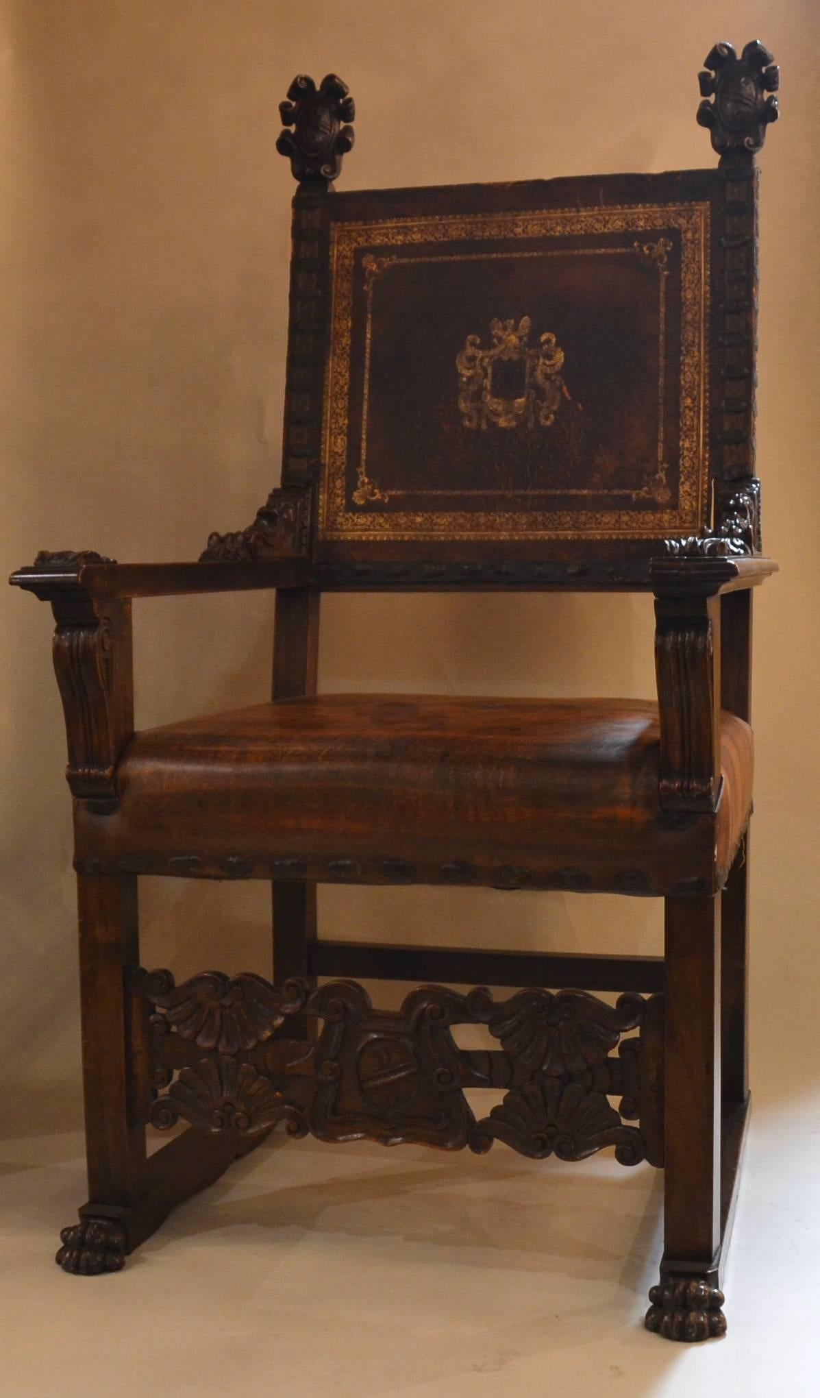 Set of nine antique early 19th century oak and leather Renaissance great hall dining chairs.