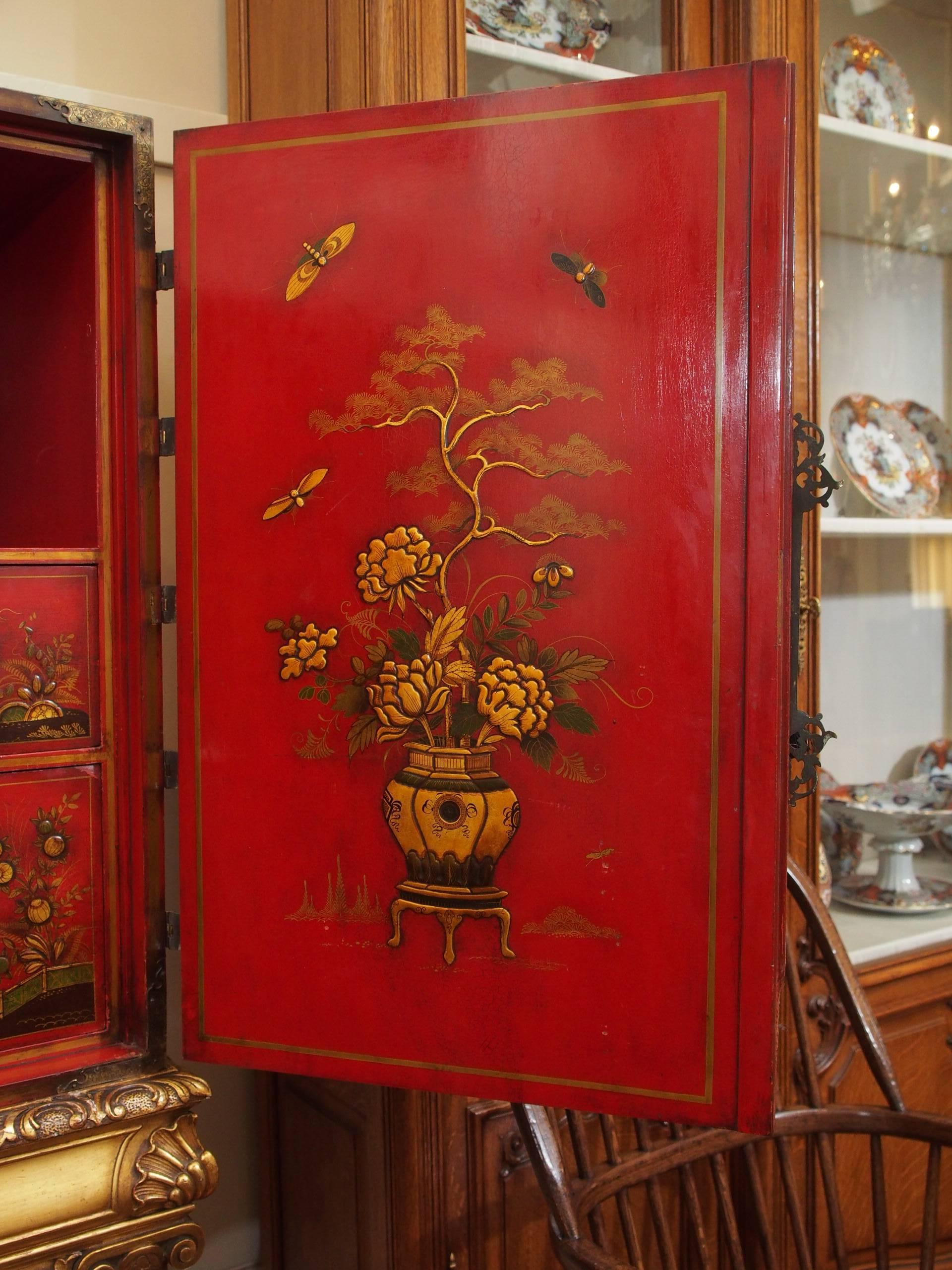 European Antique Chinoiserie Red Lacquer Cabinet on Stand