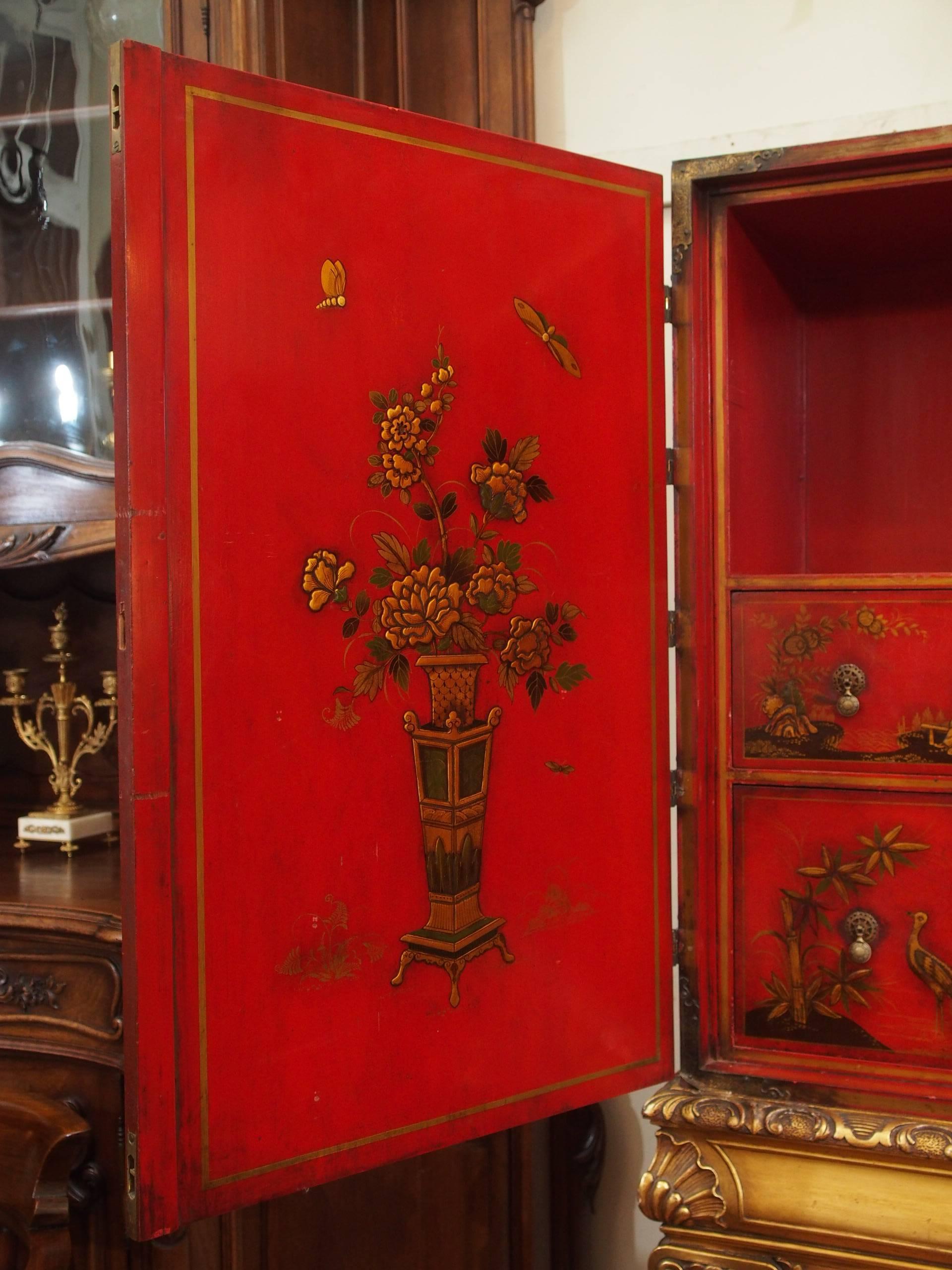 Antique Chinoiserie Red Lacquer Cabinet on Stand In Excellent Condition In New Orleans, LA