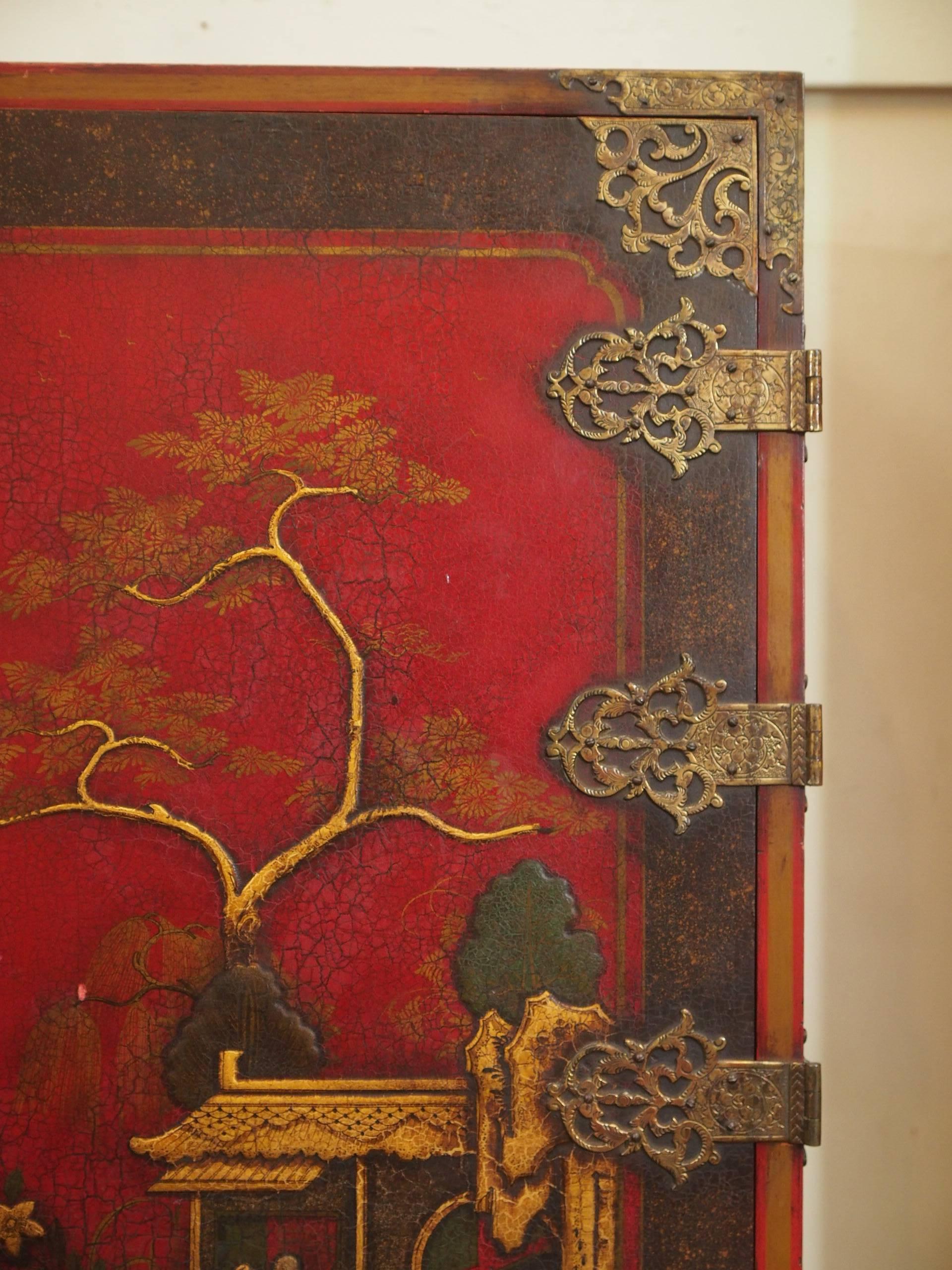 Antique Chinoiserie Red Lacquer Cabinet on Stand 1