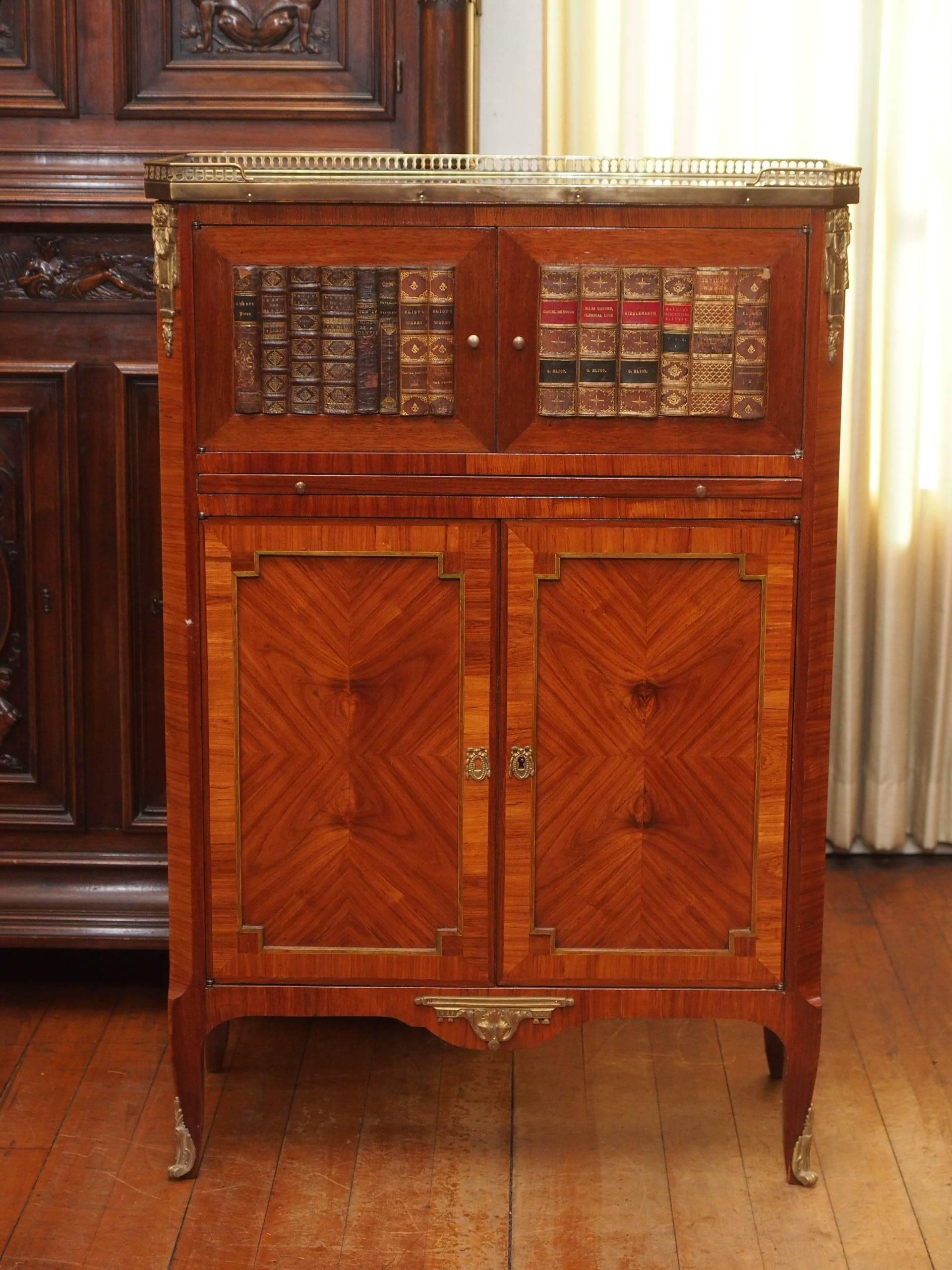 Pair of antique English mahogany marble-top library bookcases, circa 1880.