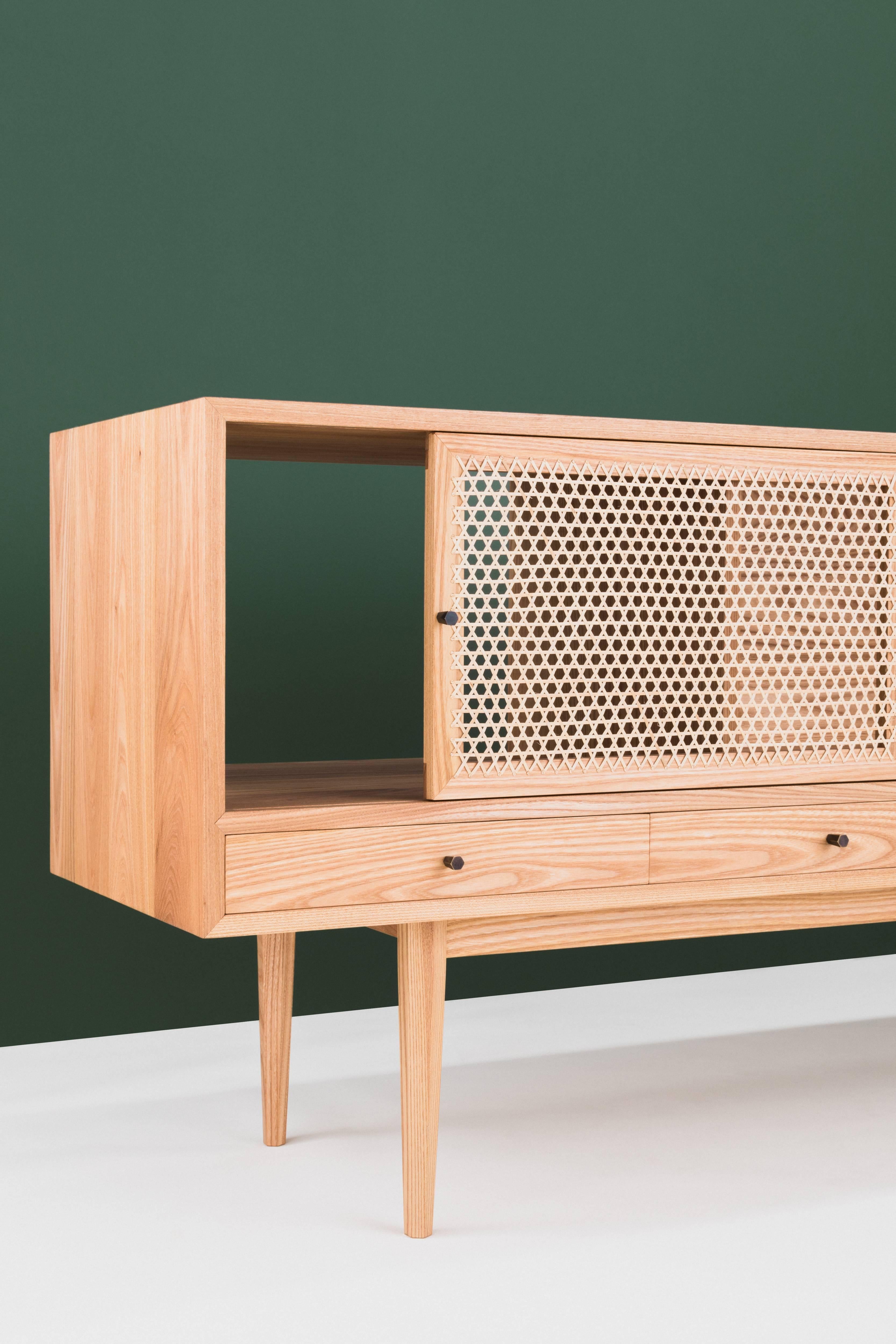 Hand-Woven Tinselor Cabinet by Tretiak Works, Elm Credenza with Handcrafted Cane Doors For Sale