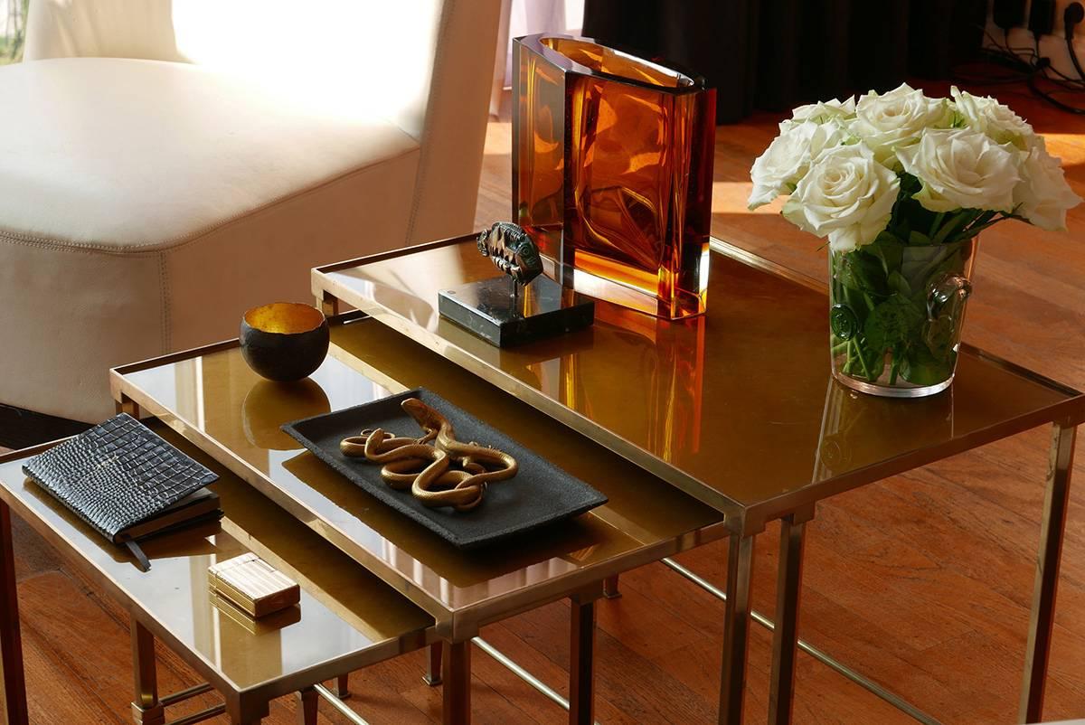 Neoclassical Three Maison Jansen Brass Nesting Tables with Gold Oxyde Mirrored Top