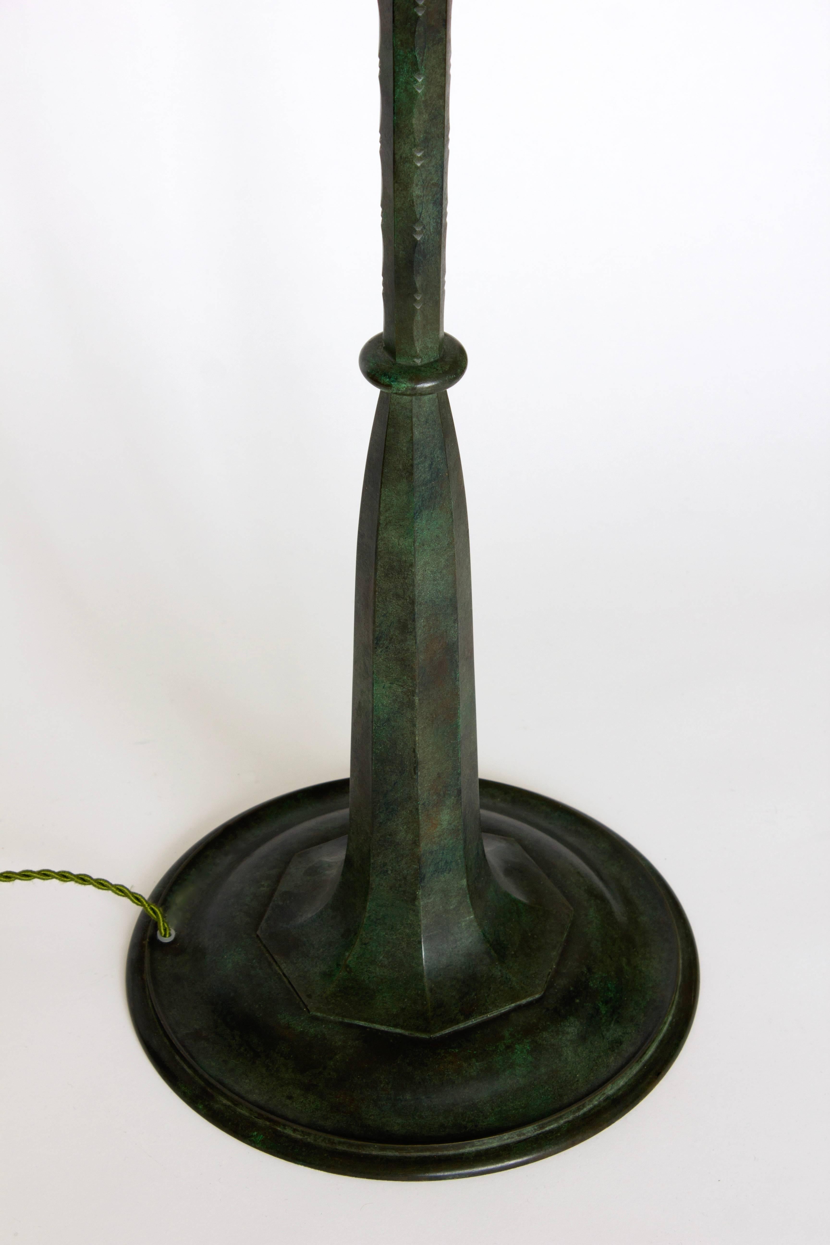 Art Deco Genet & Michon Chiseled Verdigris Patinated Bronze Floor Lamp, 1930 For Sale