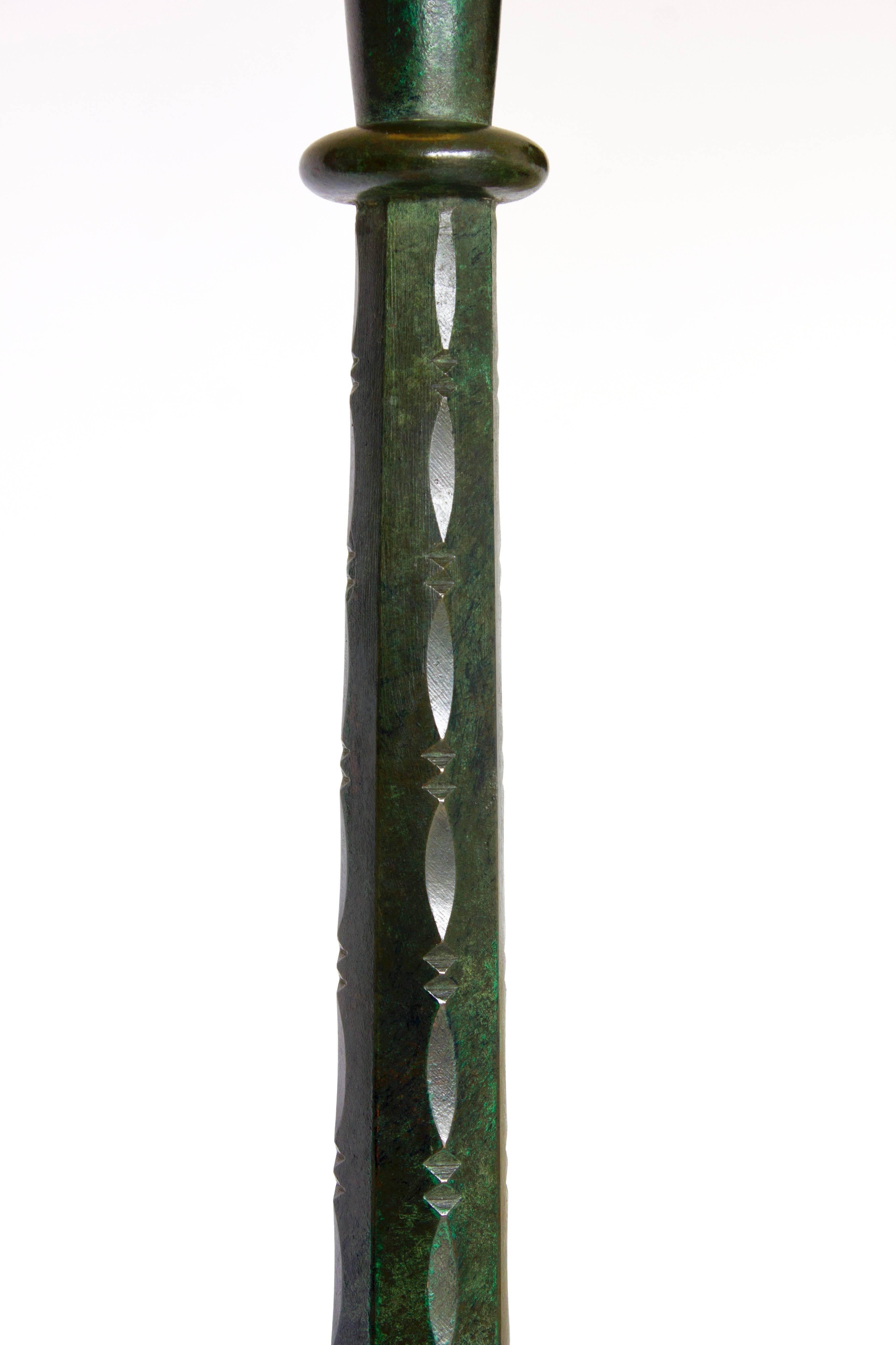 French Genet & Michon Chiseled Verdigris Patinated Bronze Floor Lamp, 1930 For Sale