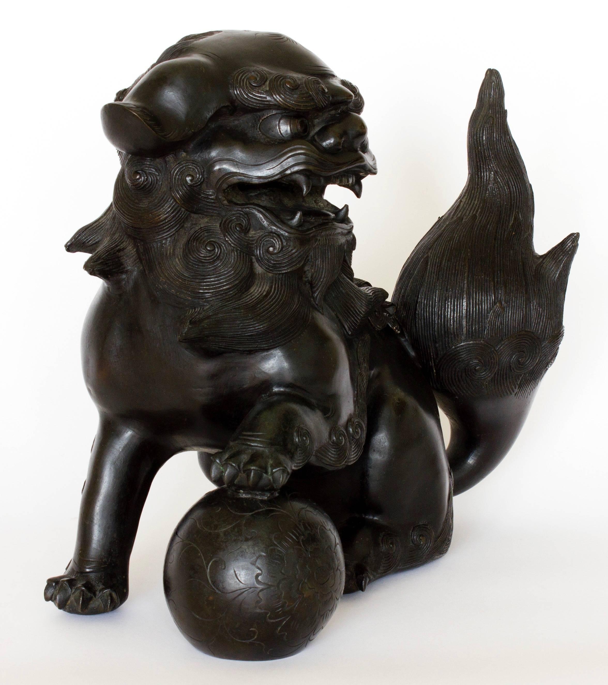 Beginning 20th century bronze Shishi censer, Japan.
Shishi: Mythical lion with the raised tail, a symbol of prosperity.
In the style of the Shishi sculptures of the facade of the Asian Art Museum of San Francisco.

 