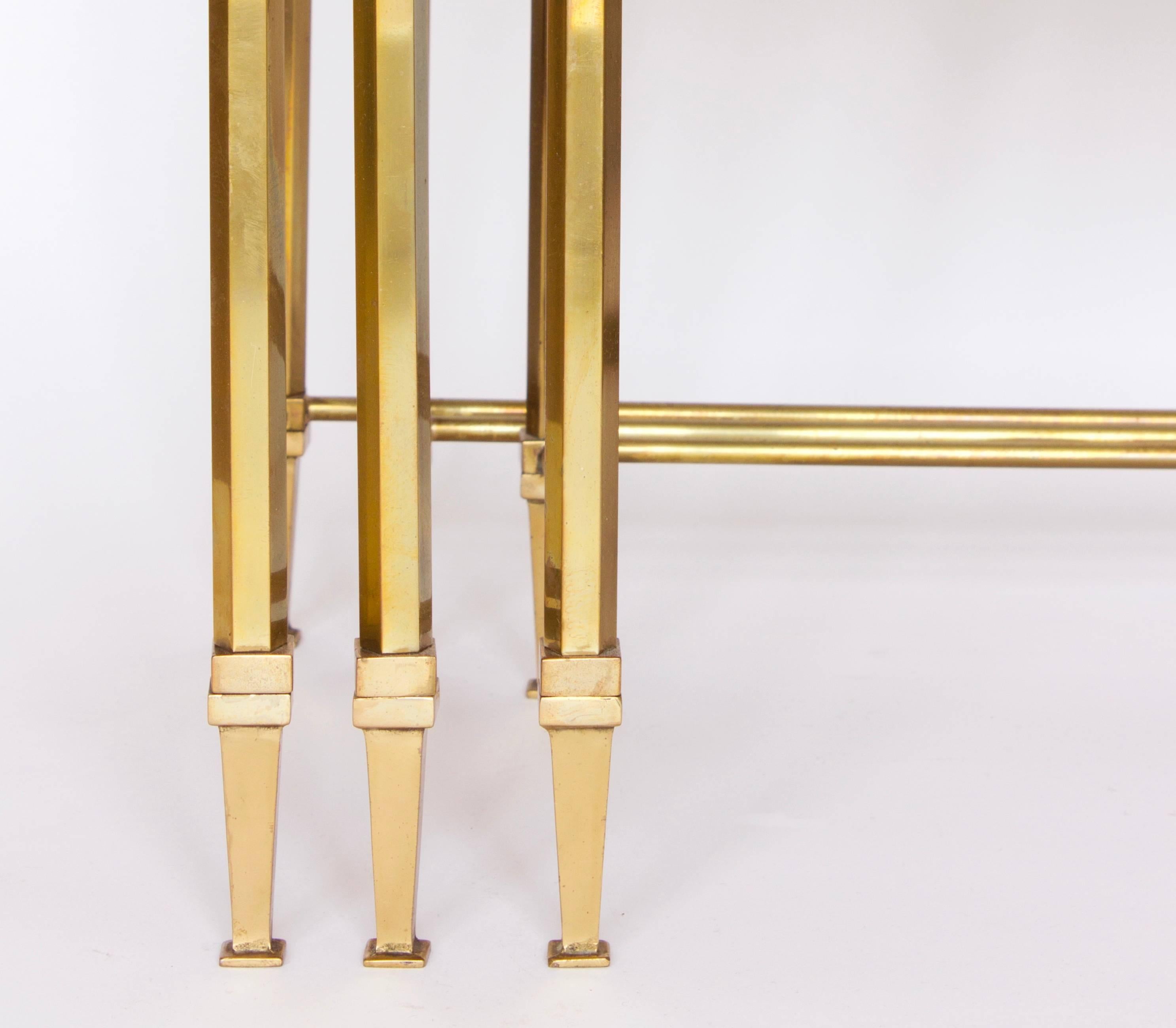 Patinated Three Maison Jansen Brass Nesting Tables with Gold Oxyde Mirrored Top