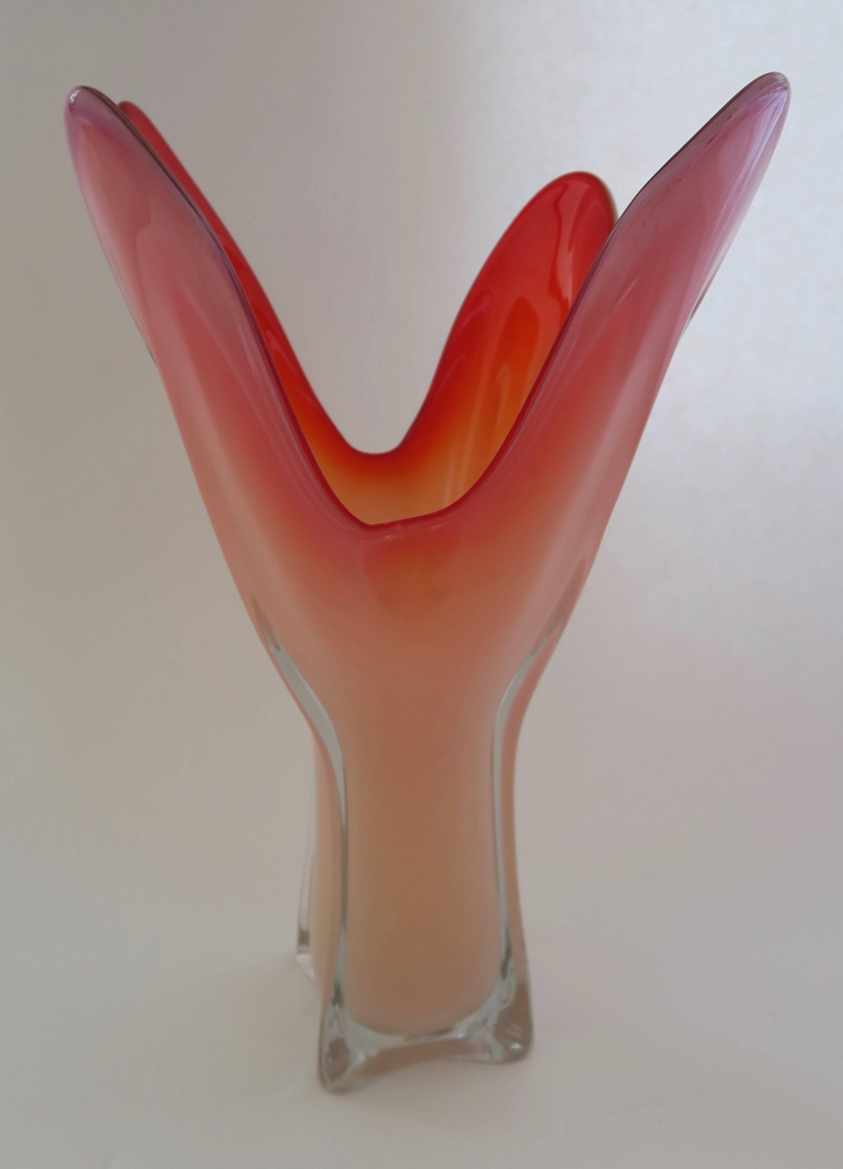 Italian Big Murano Sommerso Red and Milky White Vase, 1960s For Sale