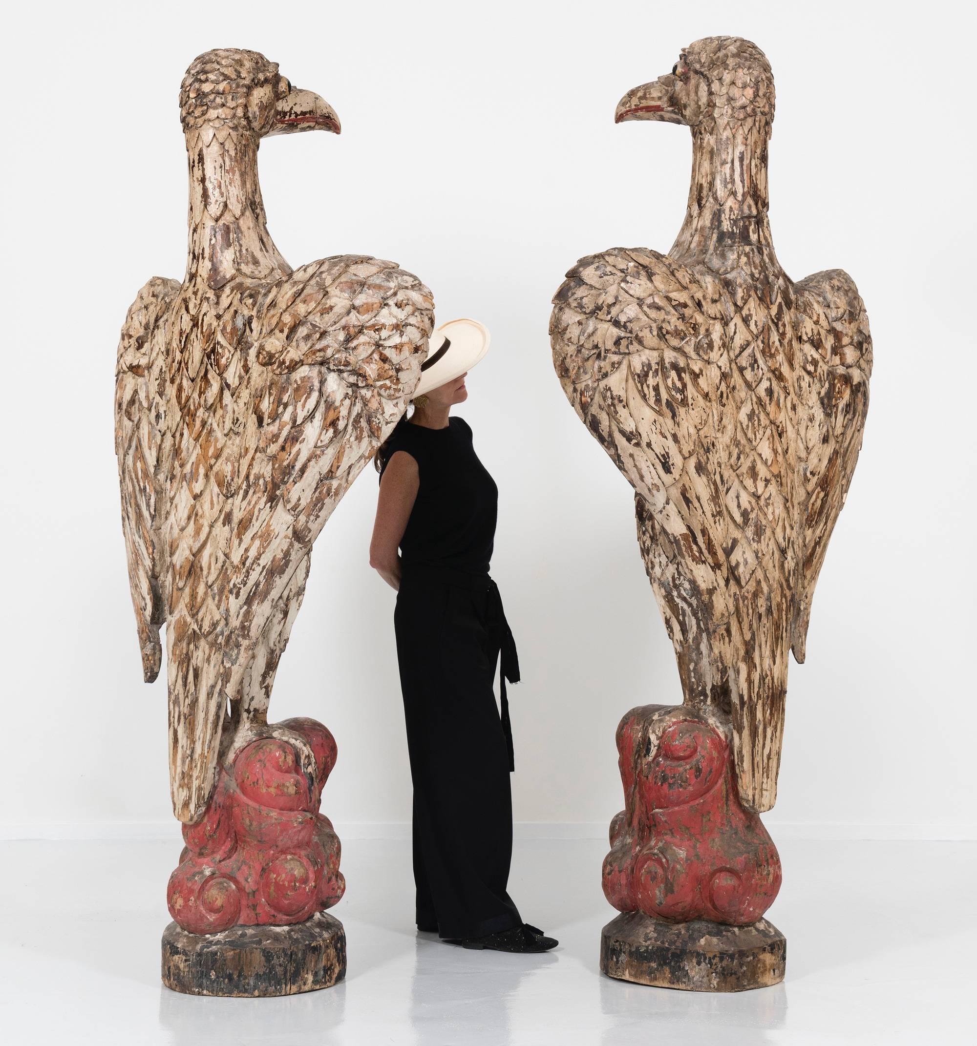 Asian Giant Polychromed Eagles Couple, circa 1900 - Spectacular: 100 inches Height For Sale