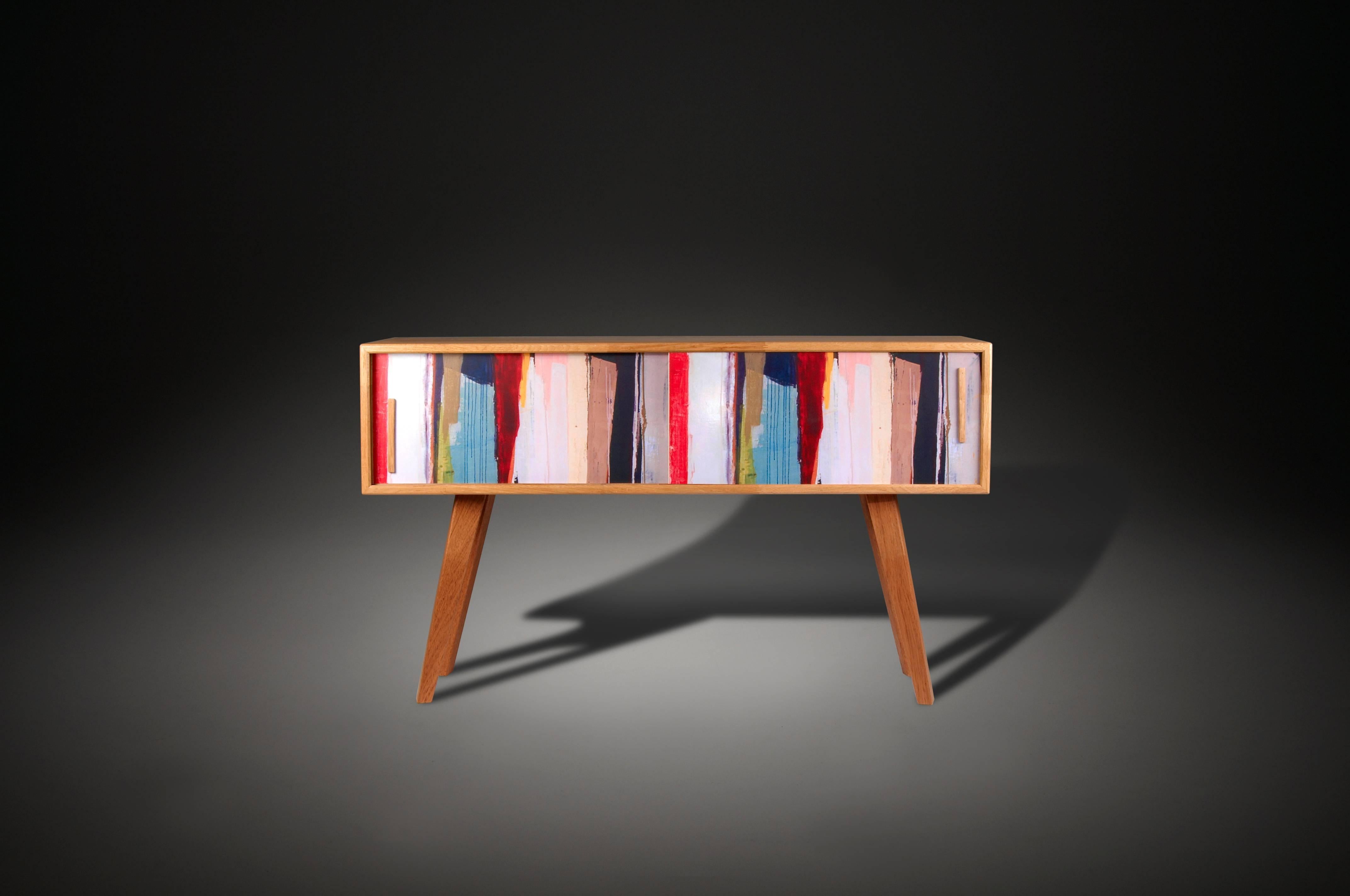 Contemporary Sideboard With Colorful Sliding Door in Solid Oak In Excellent Condition For Sale In Andernos les Bains, FR