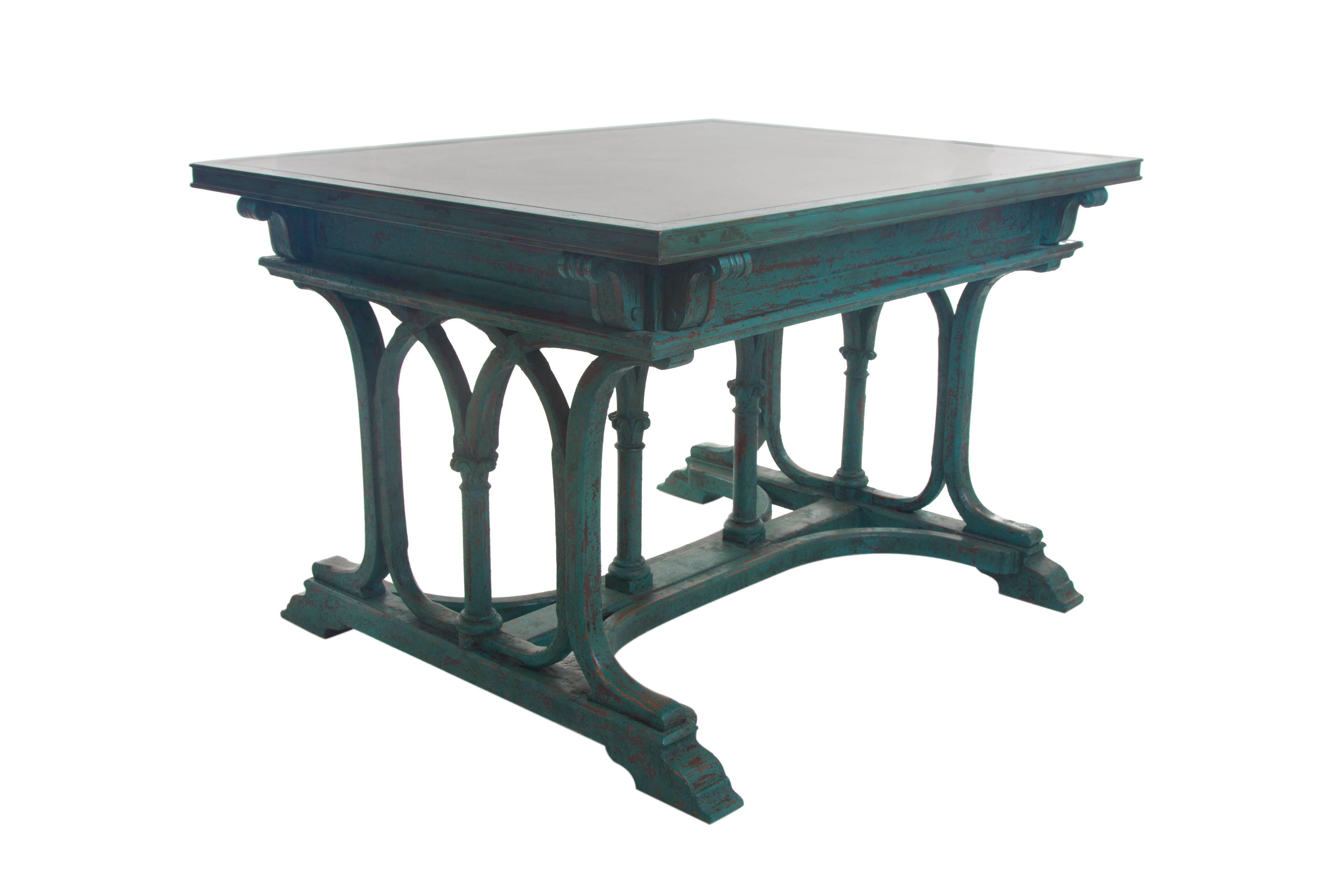  Center table by Thonet,wooden structure with countersunk granite top. Beautiful green patina finish, Austria, circa 1900. Original label to base.
Rare and Versatile table which would make a great writing table.  