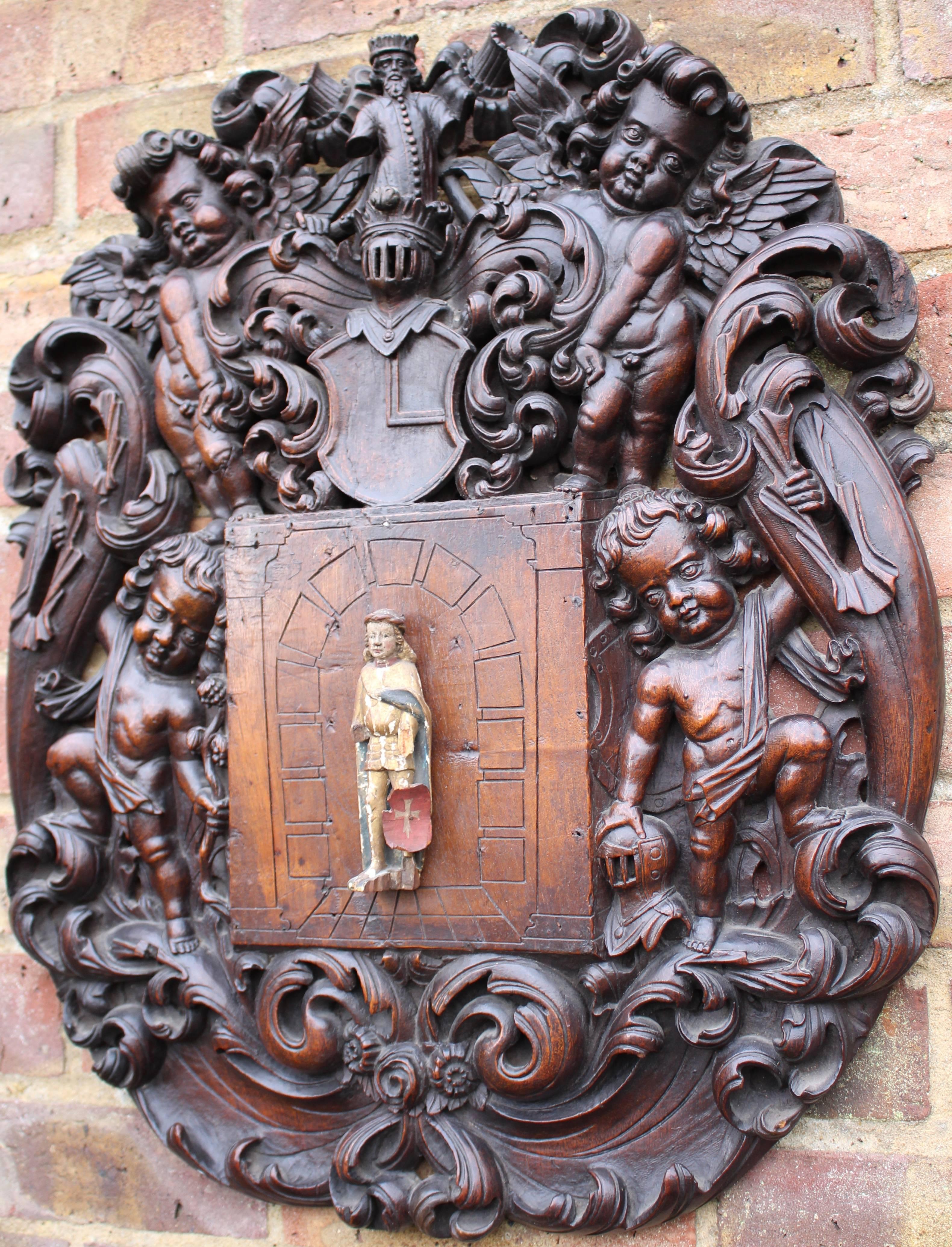 Walnut 17th Century Carved Dutch Armorial Panel, Estate of Late Dr Yvonne Hackenbroch