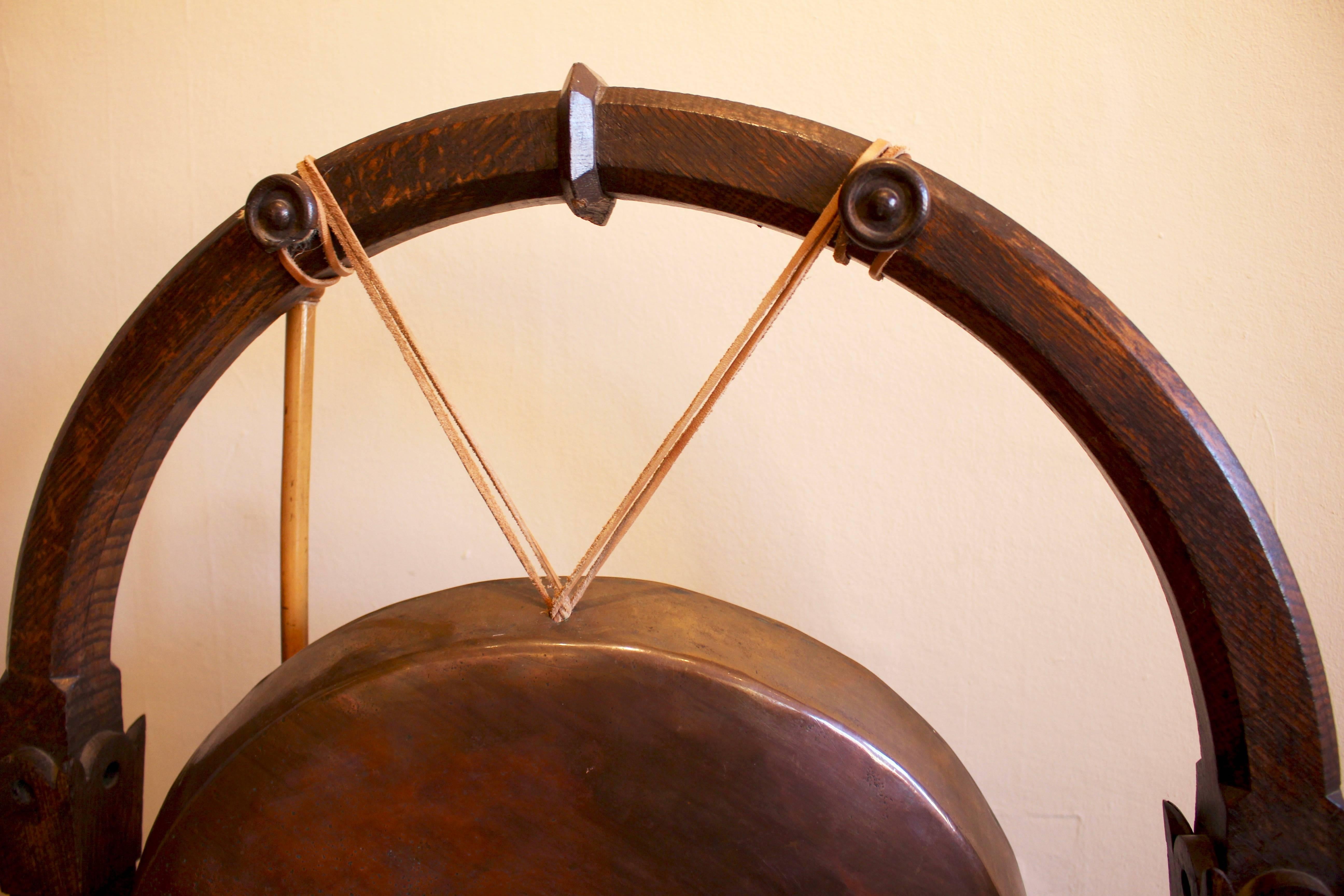English Large Antique Victorian Aesthetic Movement Oak Dinner Gong