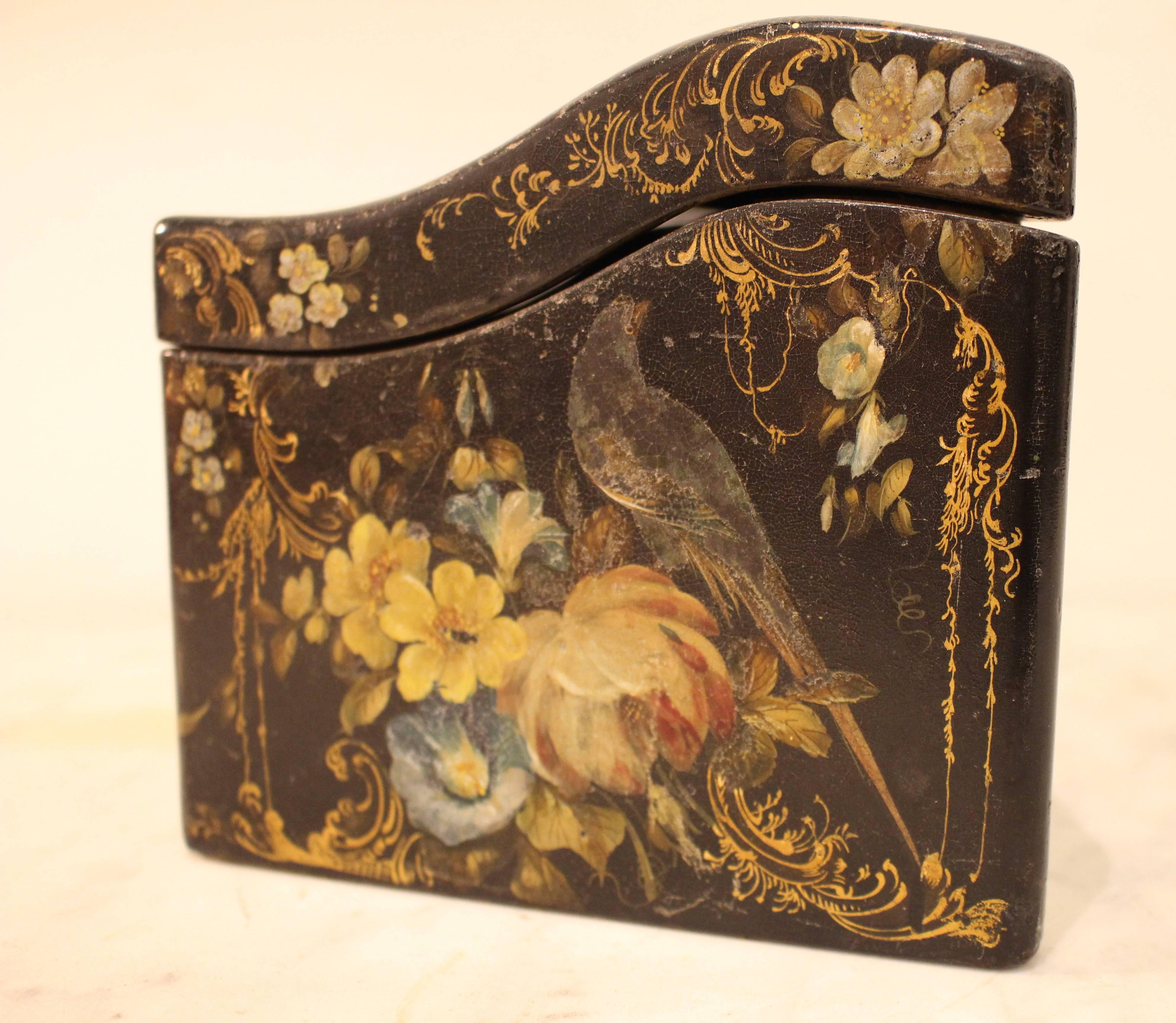 English Victorian Papier-Mache Stationary Box With Painted, Gilded Birds and Flowers