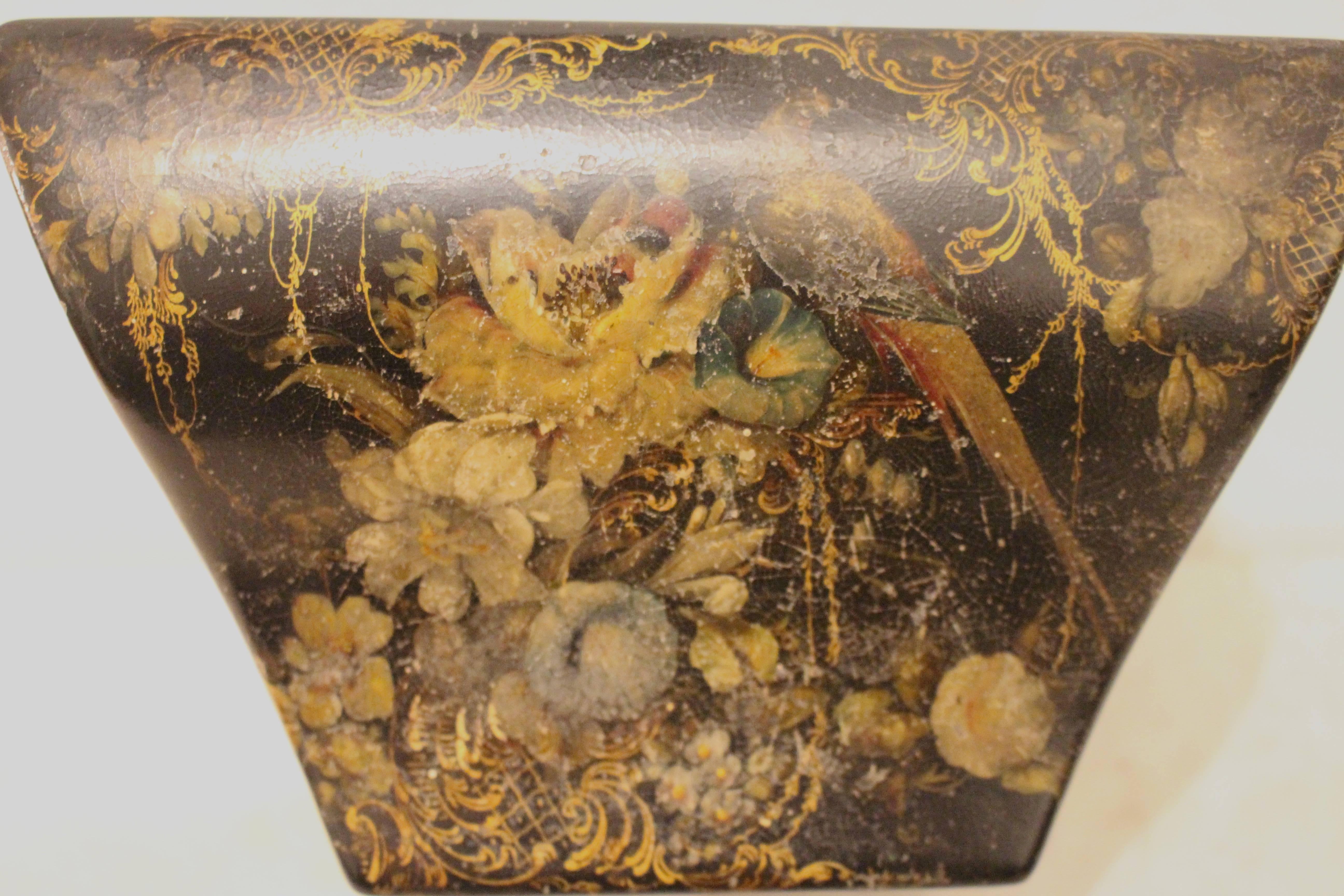 Paper Victorian Papier-Mache Stationary Box With Painted, Gilded Birds and Flowers