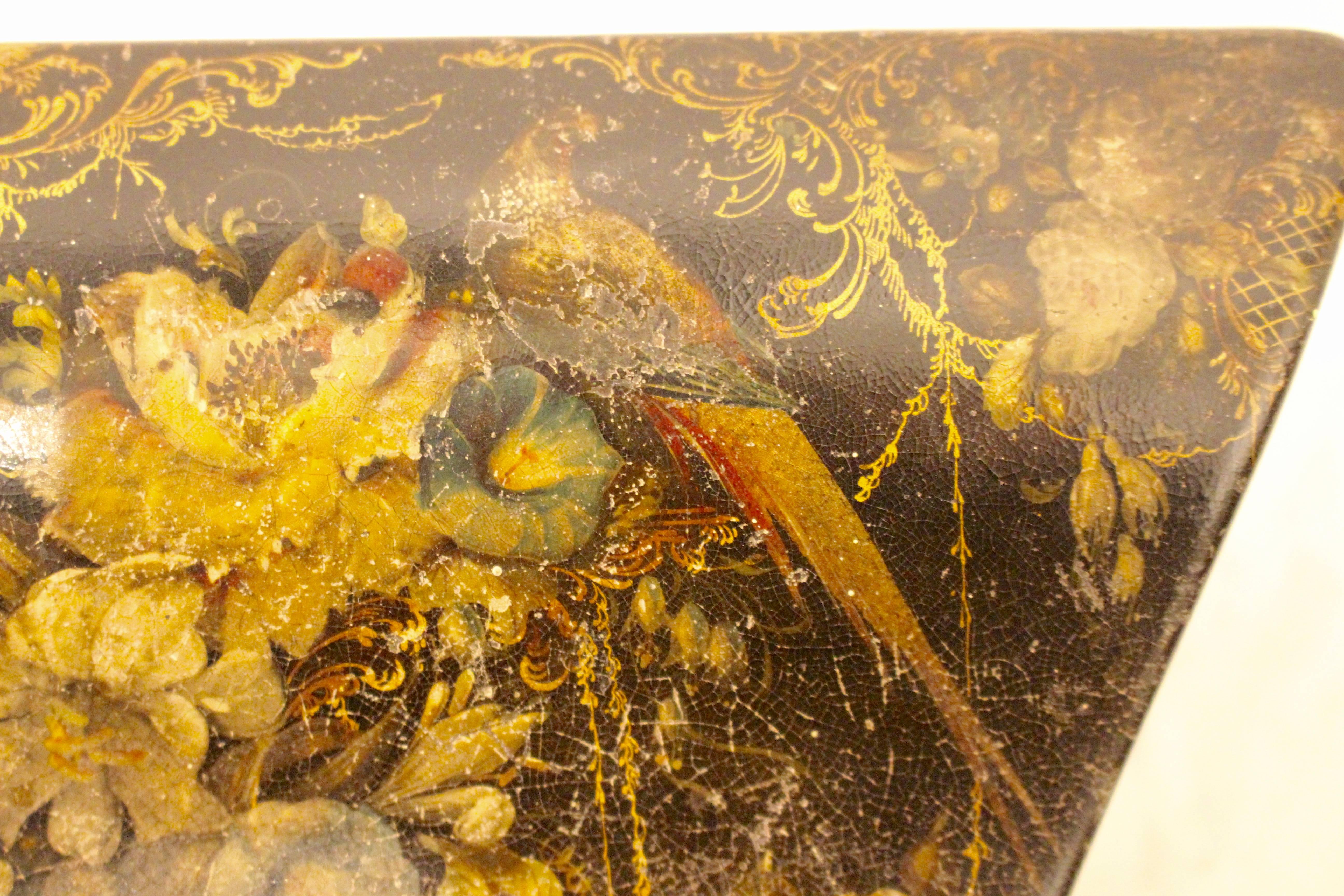 Late 19th Century Victorian Papier-Mache Stationary Box With Painted, Gilded Birds and Flowers