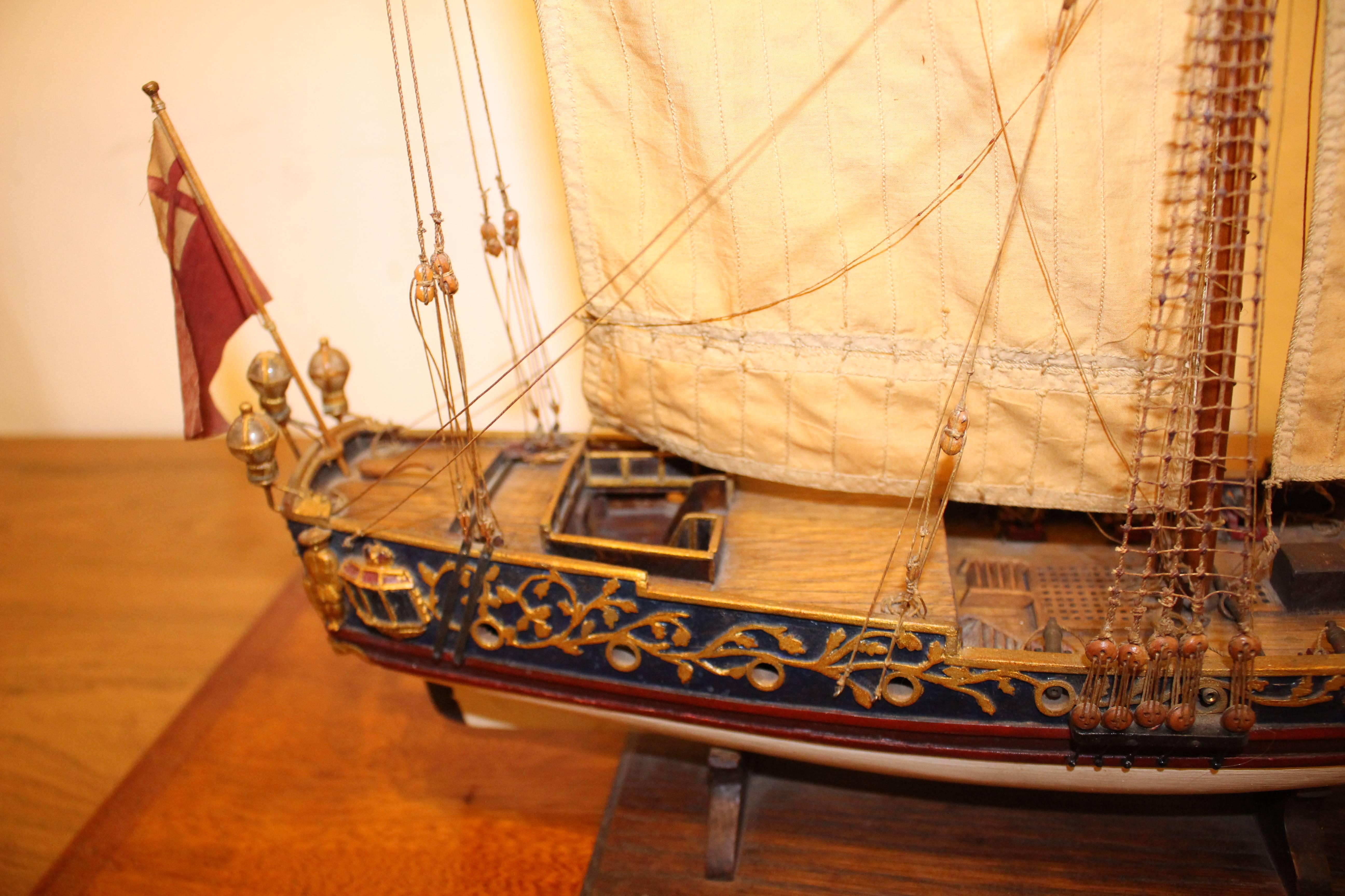 Model of the Stuart Royal Yacht in Wooden Glazed Display Cabinet, circa 1674 In Excellent Condition In Heathfield, East Sussex