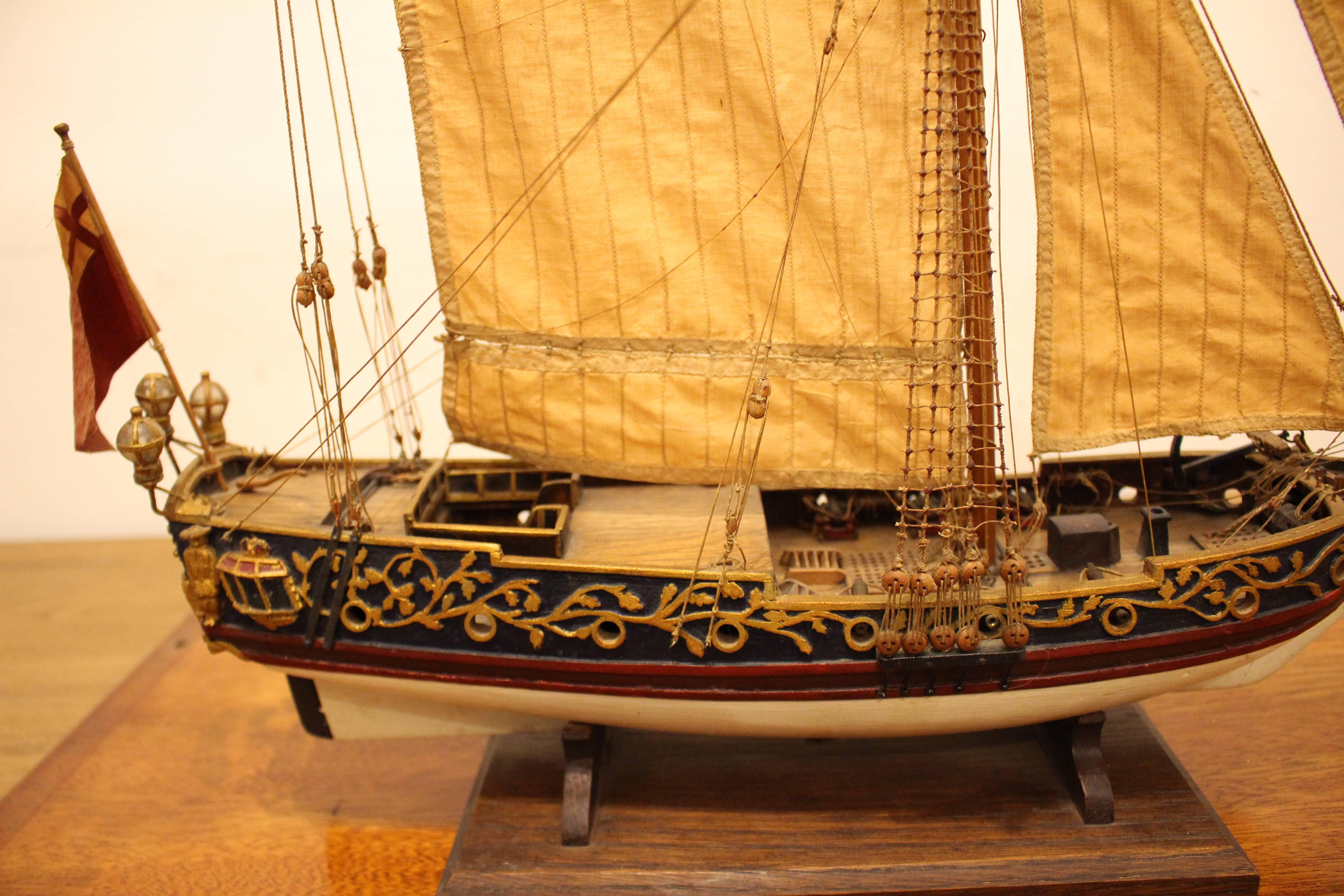 Canvas Model of the Stuart Royal Yacht in Wooden Glazed Display Cabinet, circa 1674