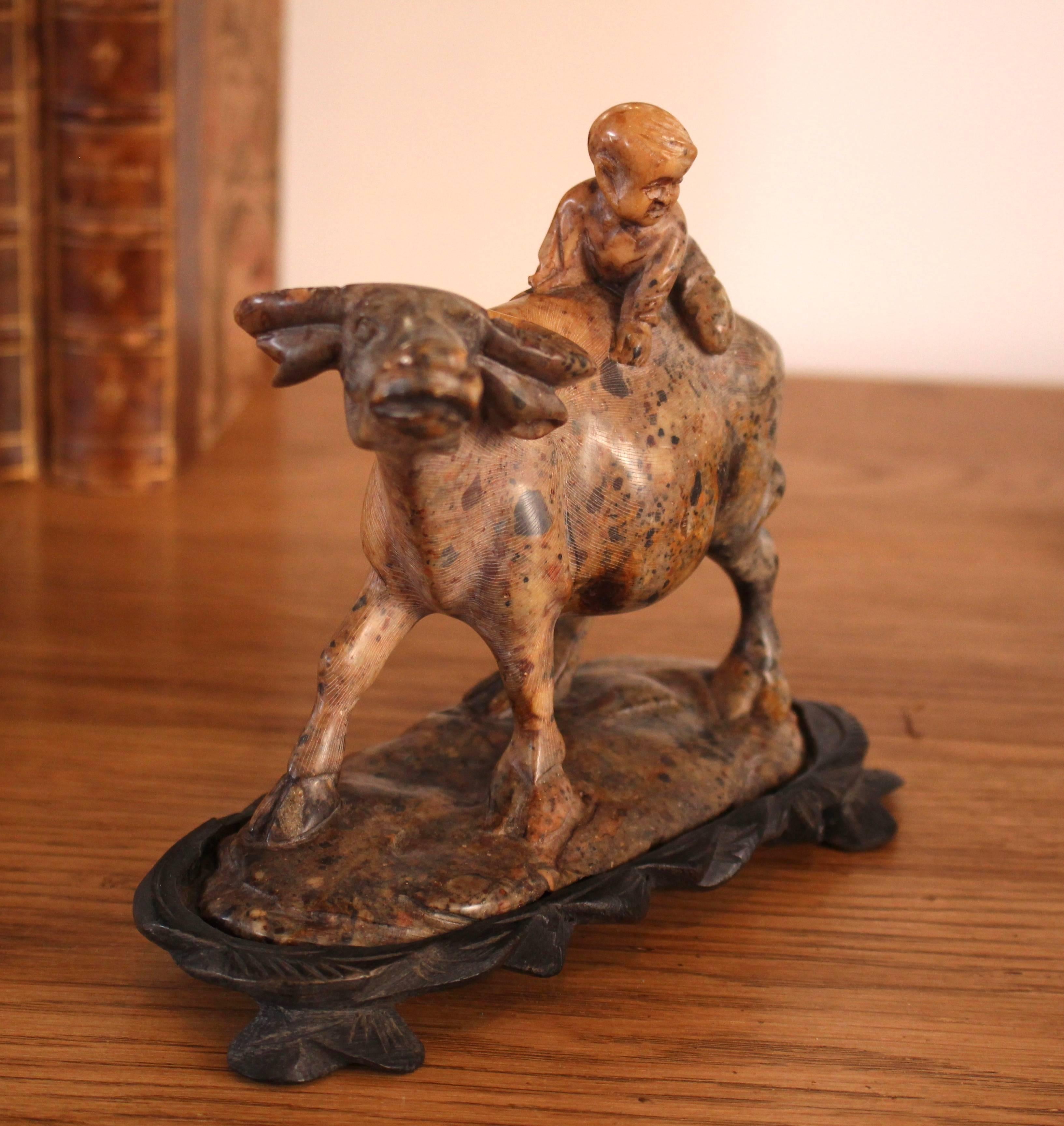 A Chinese Carved Soapstone Sculpture Of A Child On A Water Buffalo In Excellent Condition In Heathfield, East Sussex