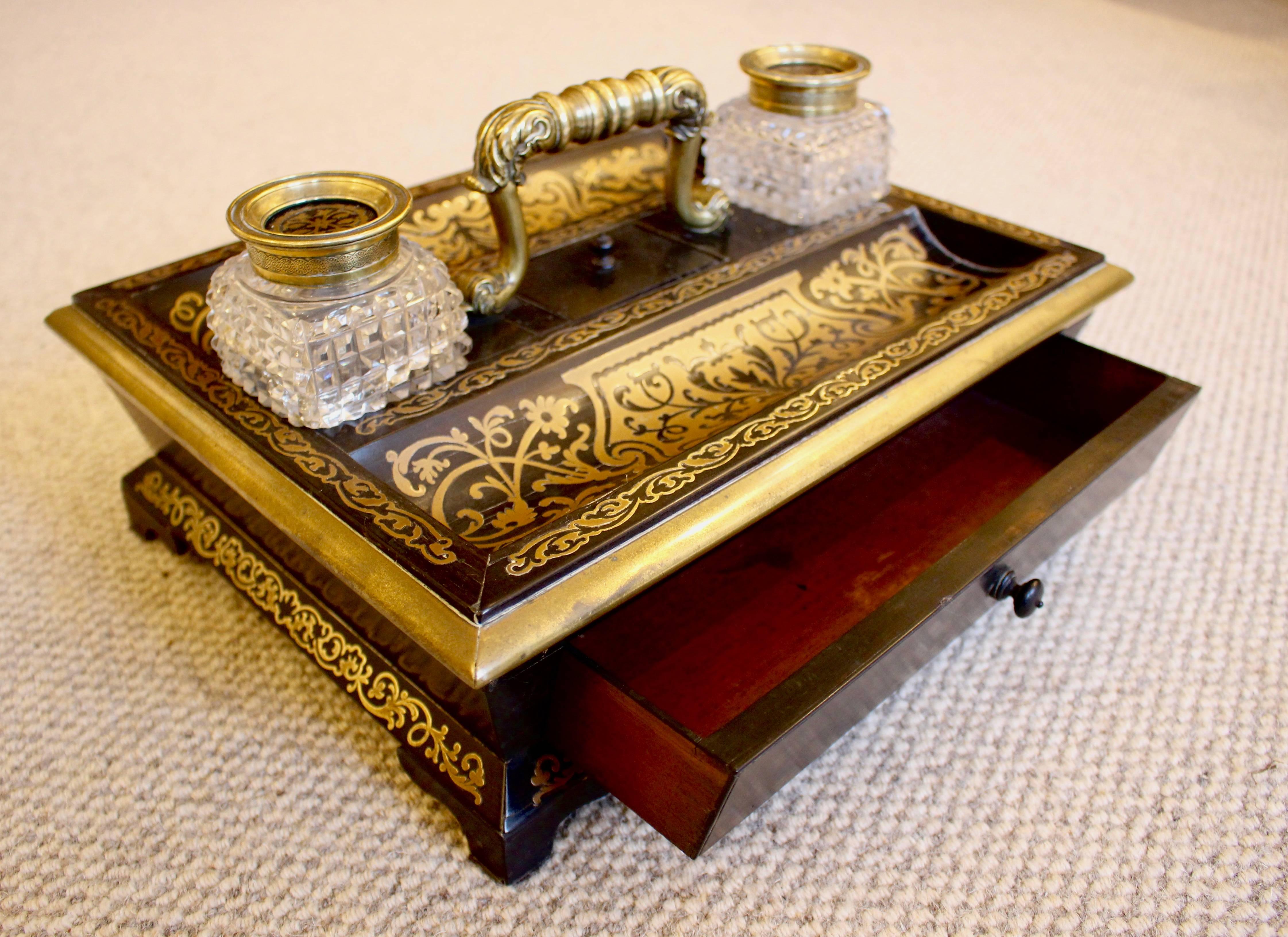 Brass A Mid 19th Century Ebony and Boulle Inkwell Desk Stand