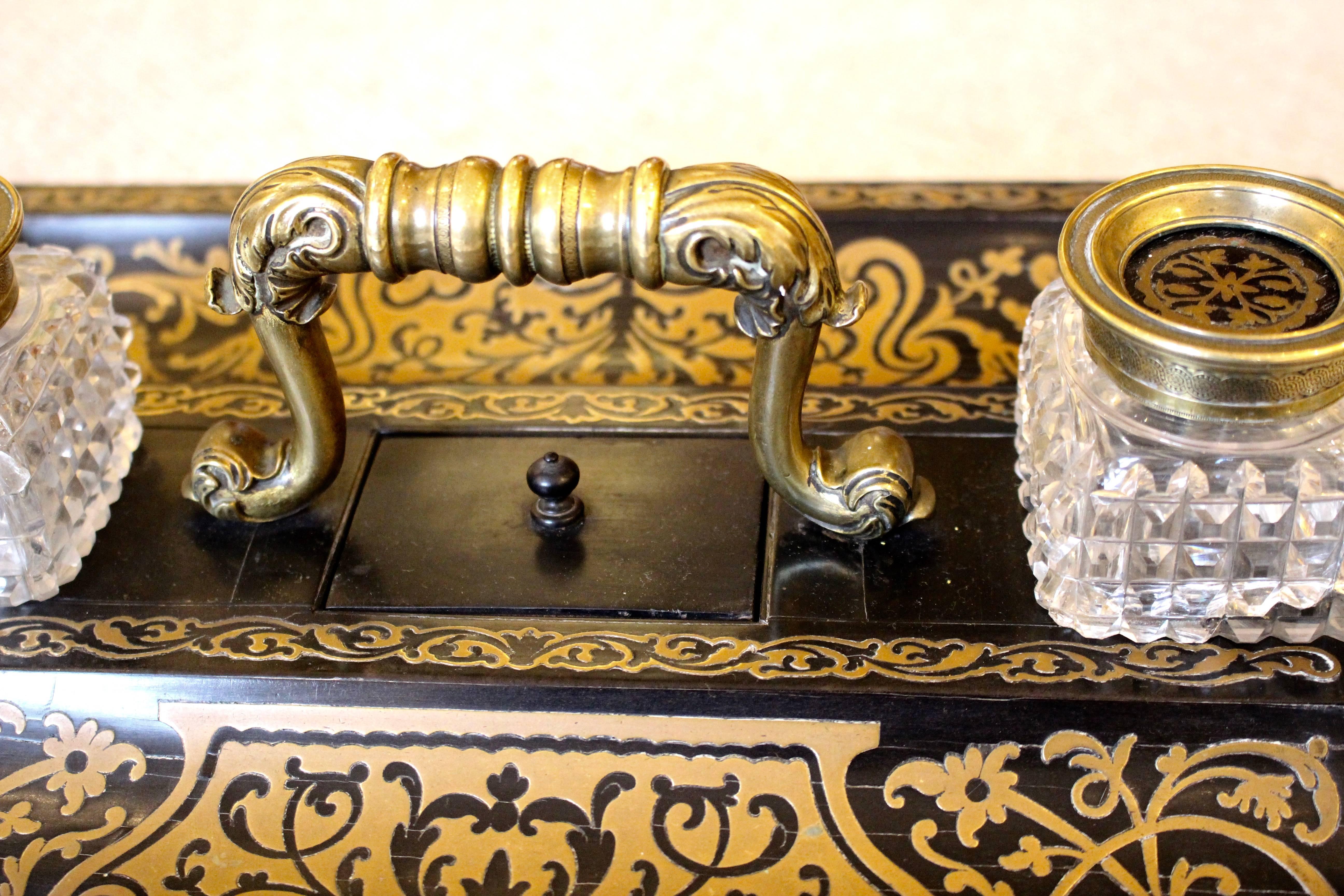 British A Mid 19th Century Ebony and Boulle Inkwell Desk Stand