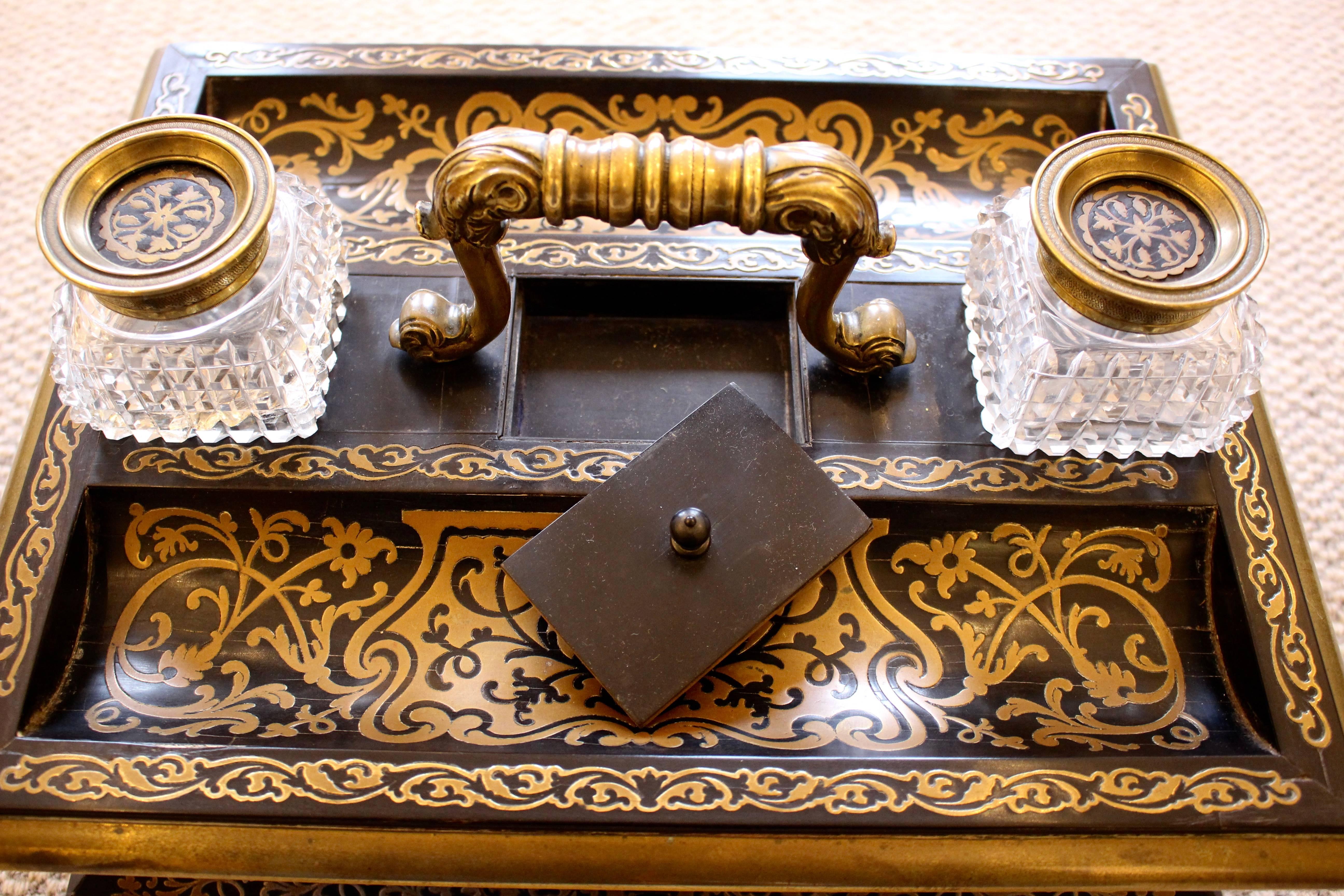 A Mid 19th Century Ebony and Boulle Inkwell Desk Stand 2