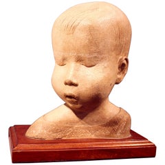 Antique Early 20th Century Carved Stone Bust of a Young Child
