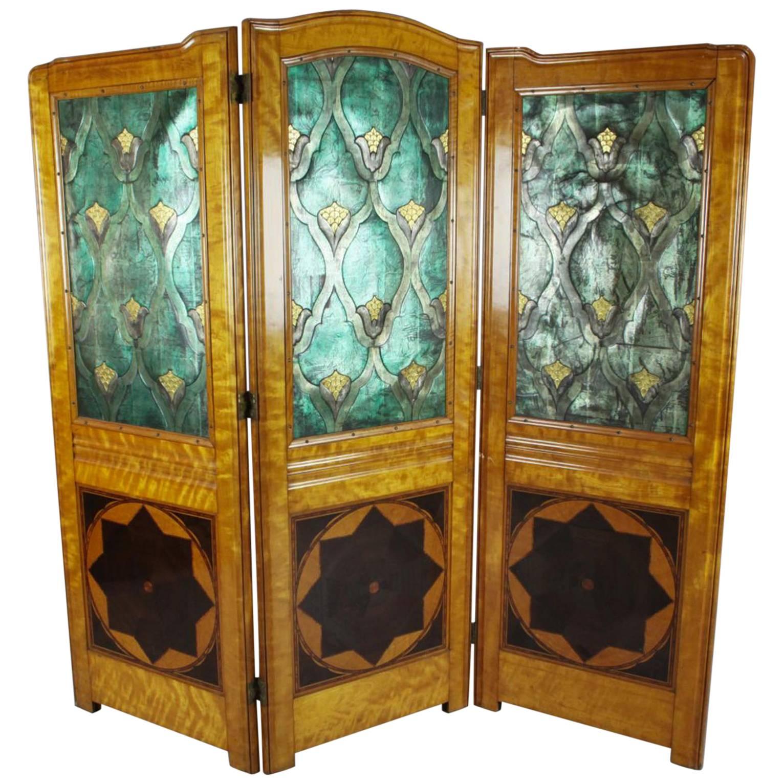 Art Nouveau Satinwood and Embossed Leather Three-Fold Dressing Screen